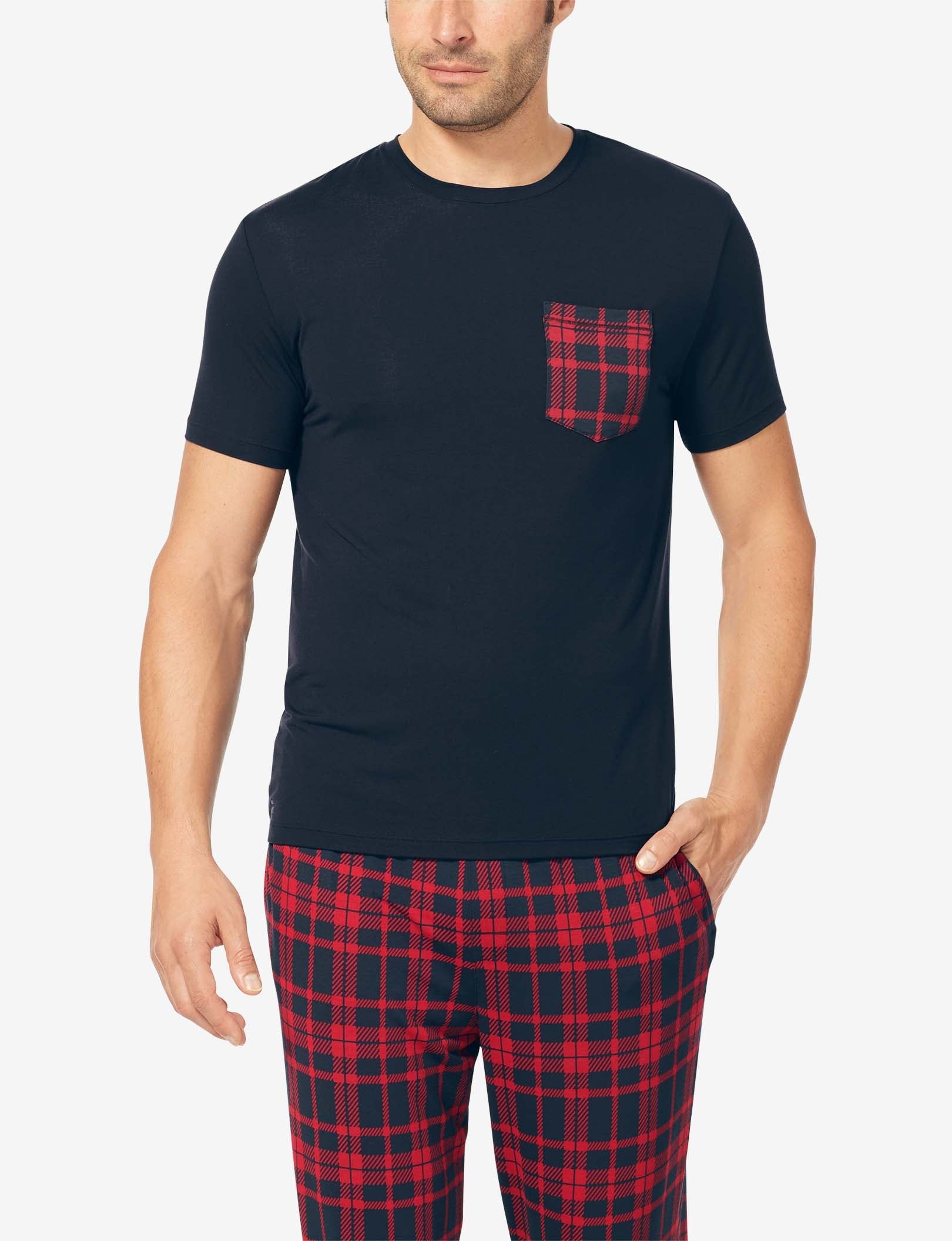 Second Skin Sleep Crew Neck Pocket Tee::Night Sky/Plaid Pocket