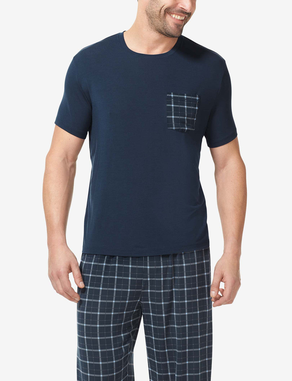 Second Skin Sleep Crew Neck Pocket Tee::Dress Blues/Electric Plaid Pocket