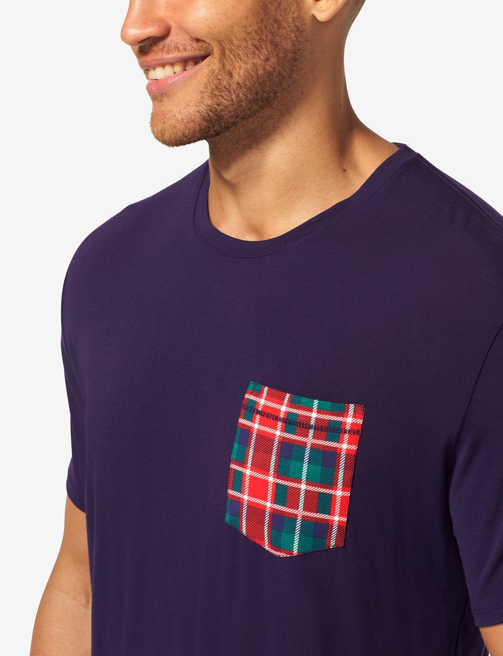 Second Skin Sleep Crew Neck Pocket Tee::Evening Blue/Fireplace Plaid Pocket