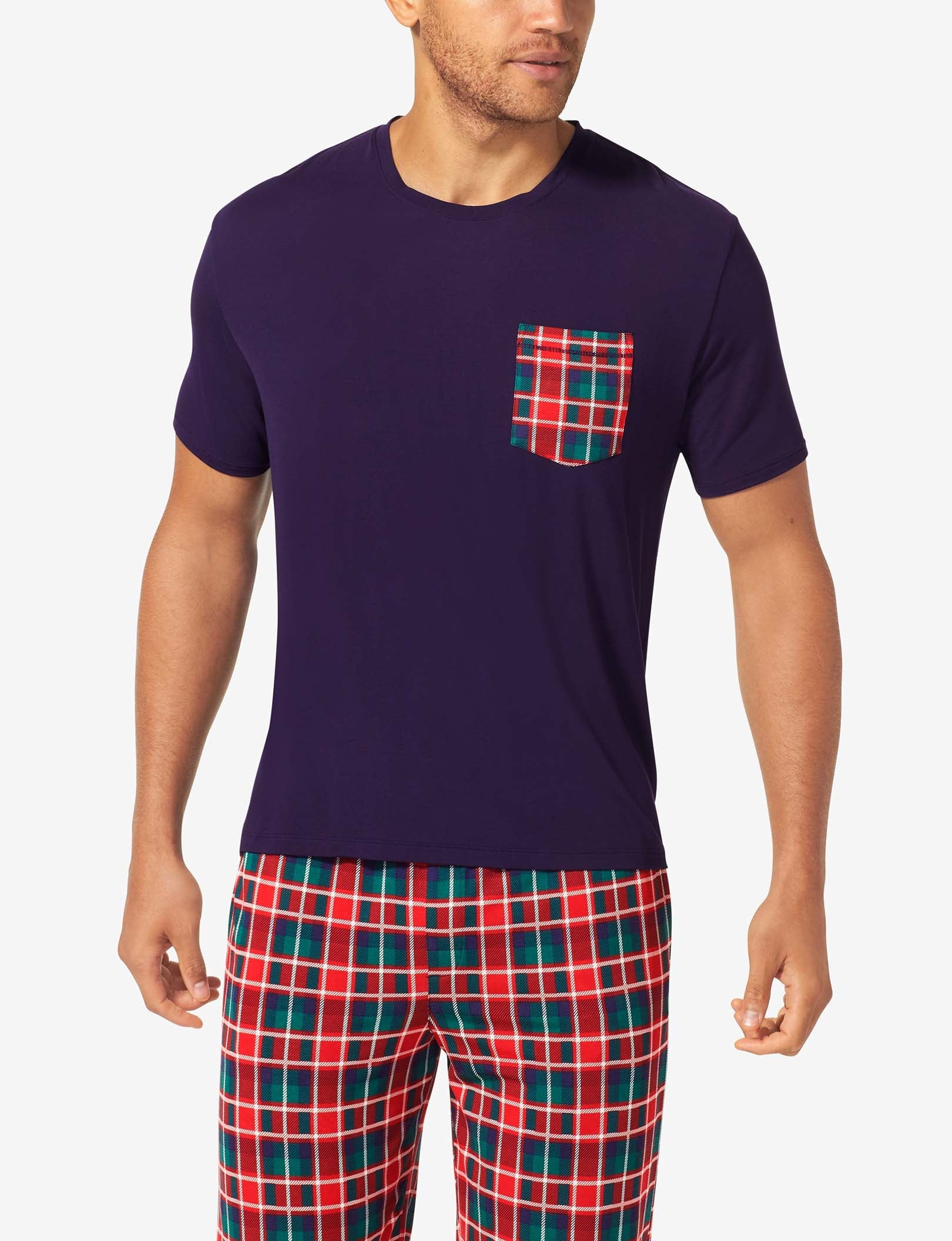 Second Skin Sleep Crew Neck Pocket Tee::Evening Blue/Fireplace Plaid Pocket