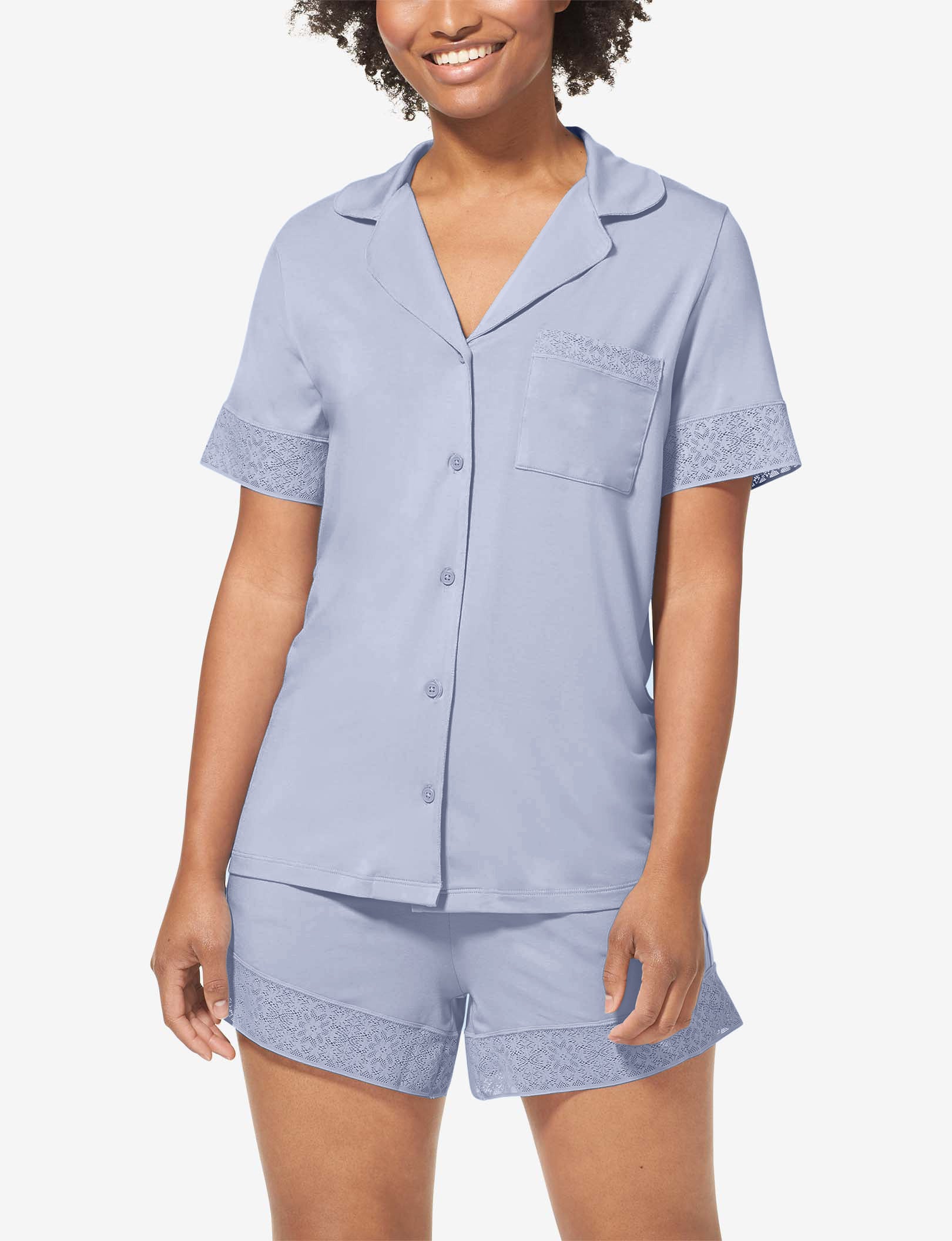 Women's Pajama Short Sleeve Top, Lace Trim::Kentucky Blue