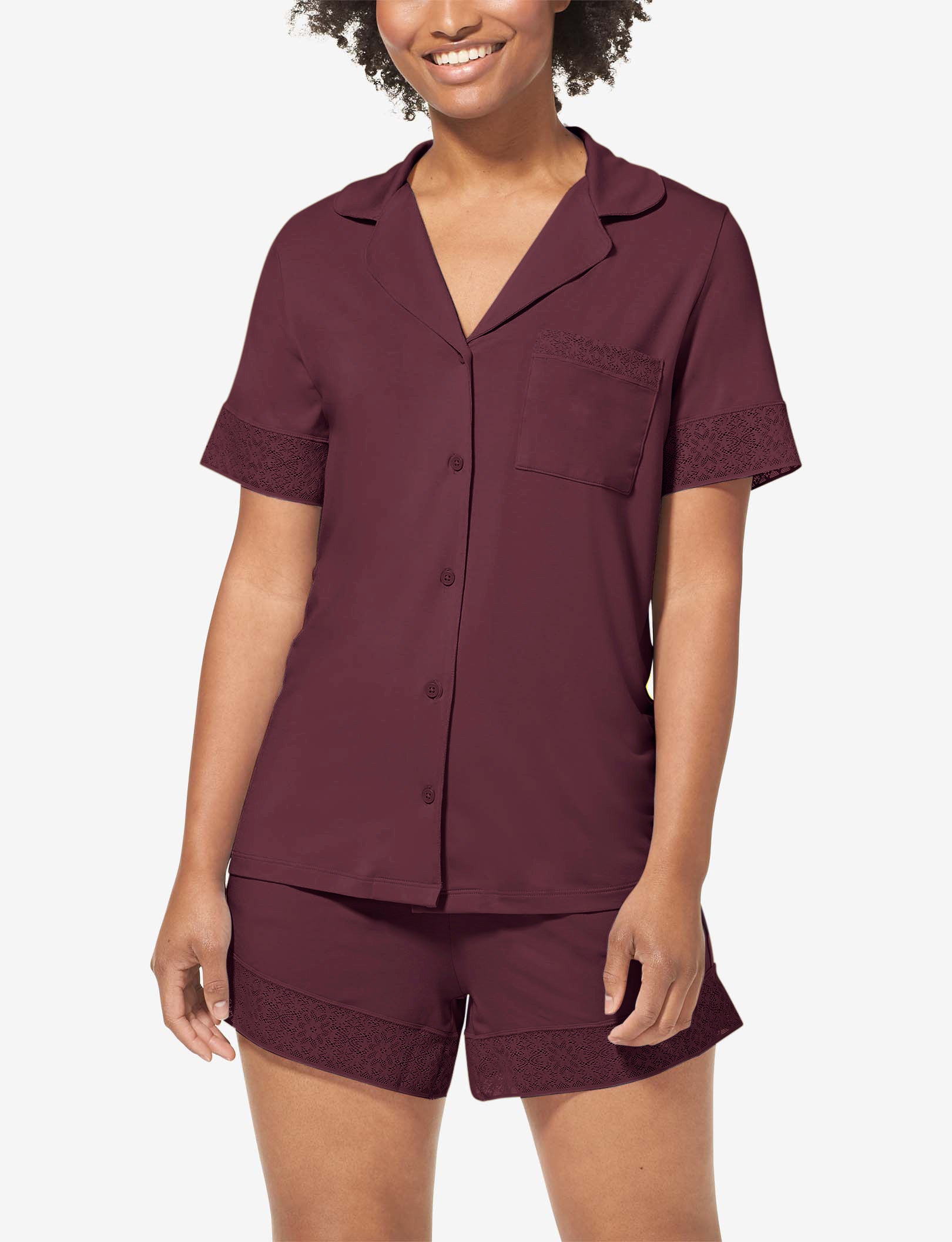 Women's Pajama Short Sleeve Top, Lace Trim::Winetasting