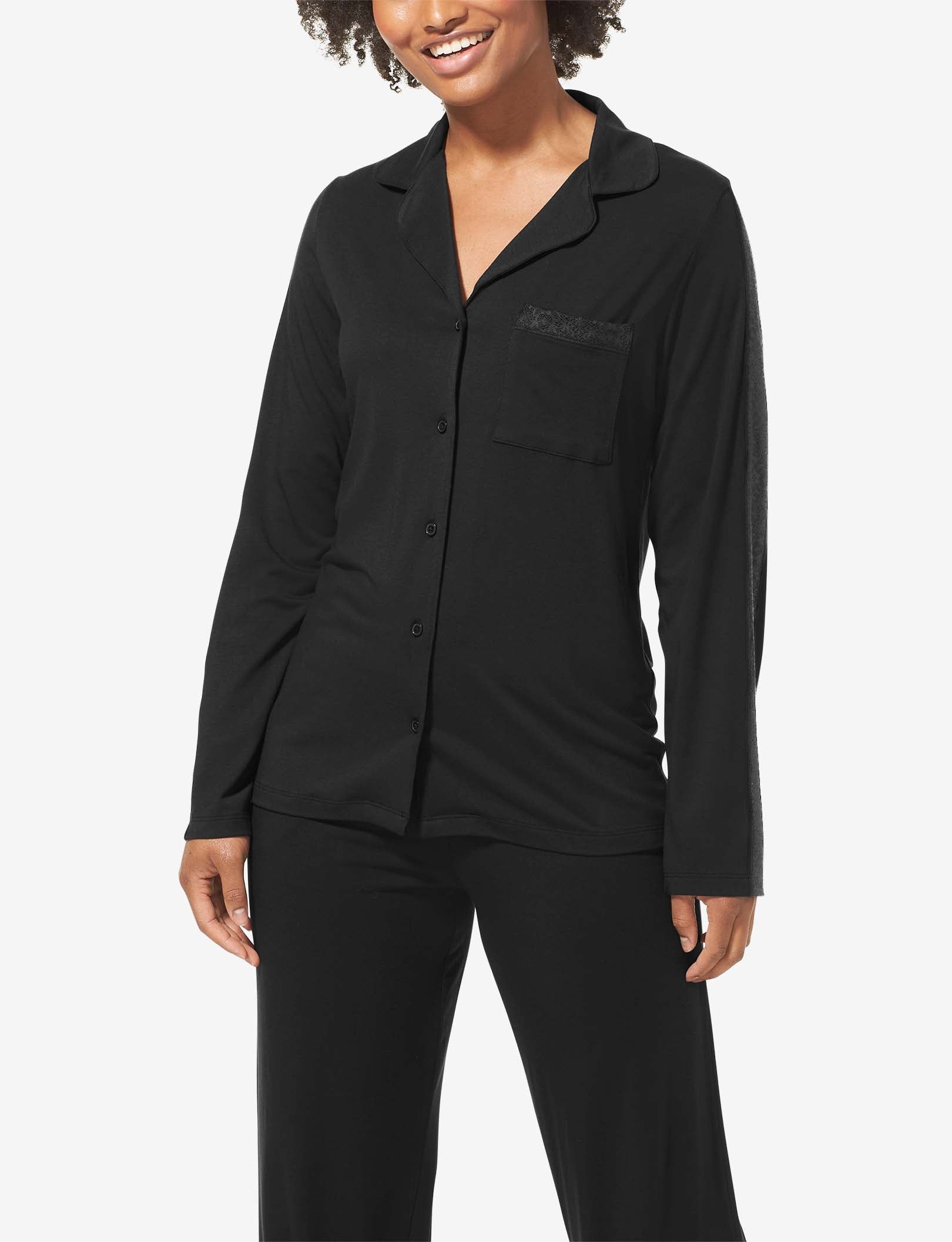 Women's Pajama Long Sleeve Top, Lace Trim::Black