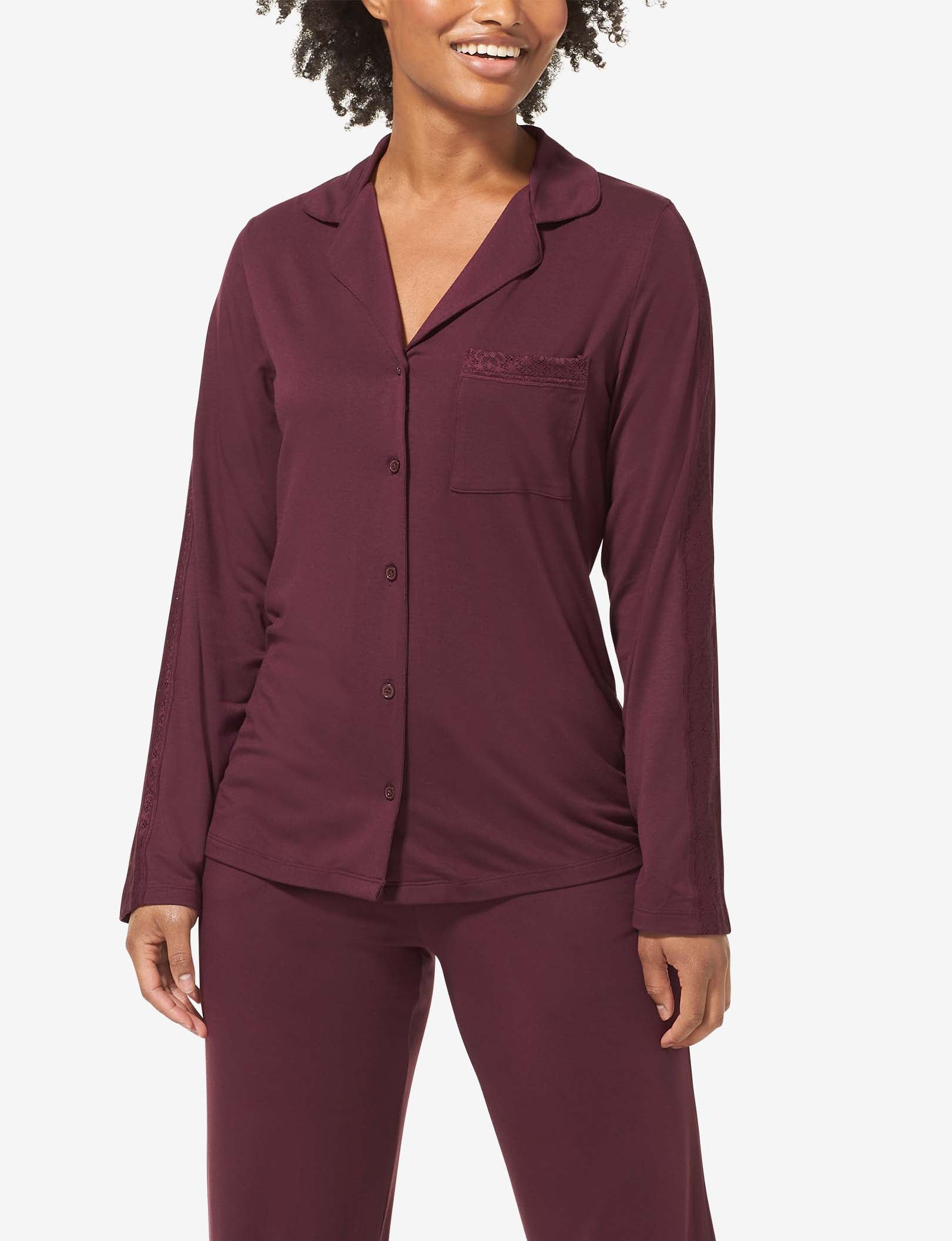 Women's Pajama Long Sleeve Top, Lace Trim::Winetasting