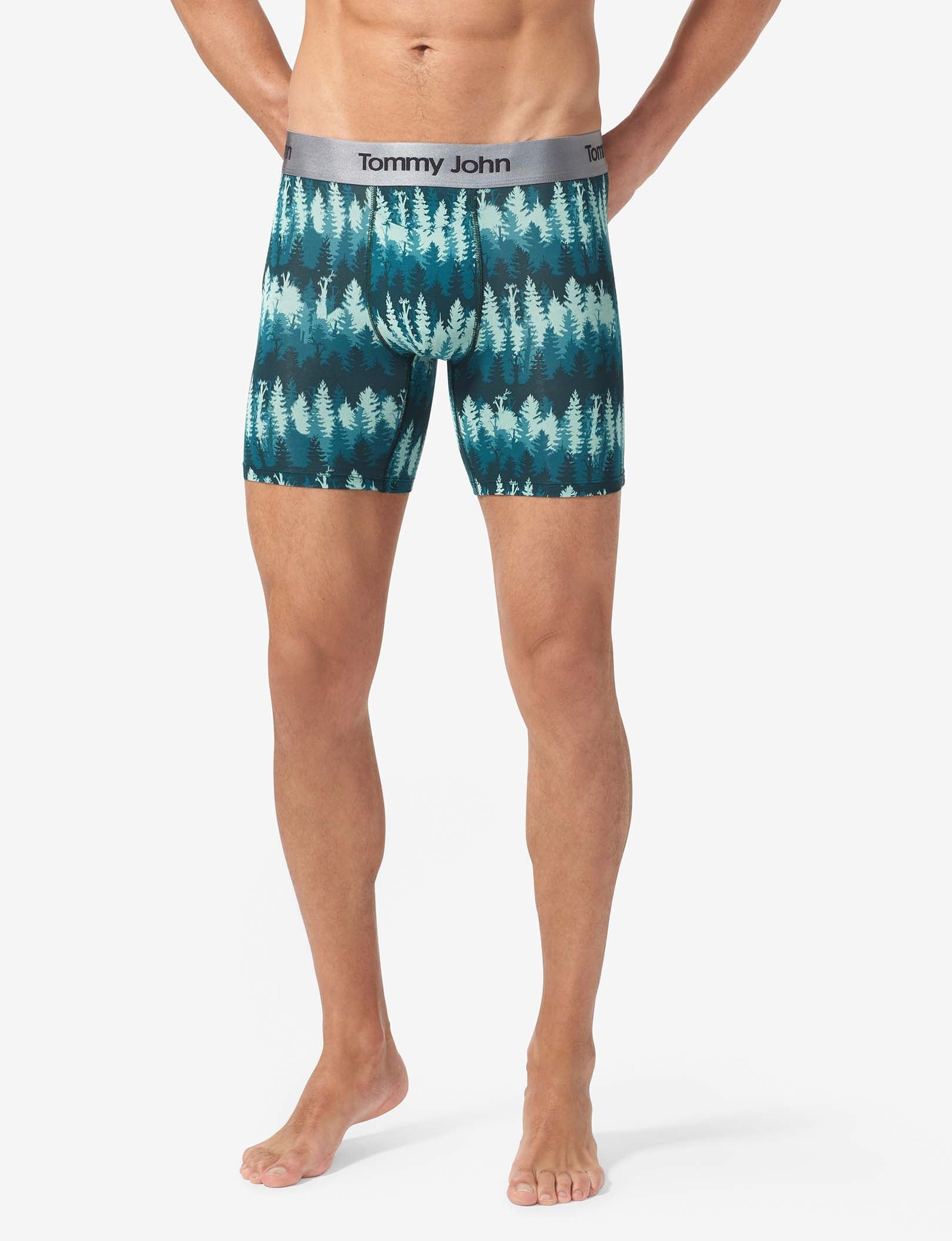 Second Skin Mid-Length Boxer Brief 6"::Green Treeline Print