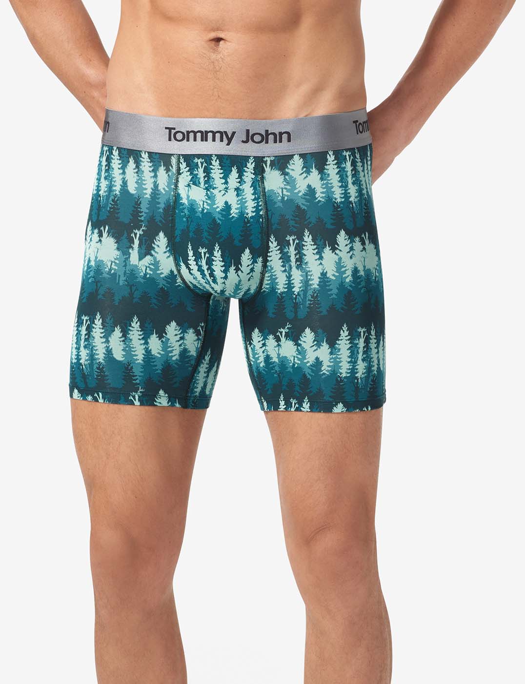 Second Skin Mid-Length Boxer Brief 6"::Green Treeline Print