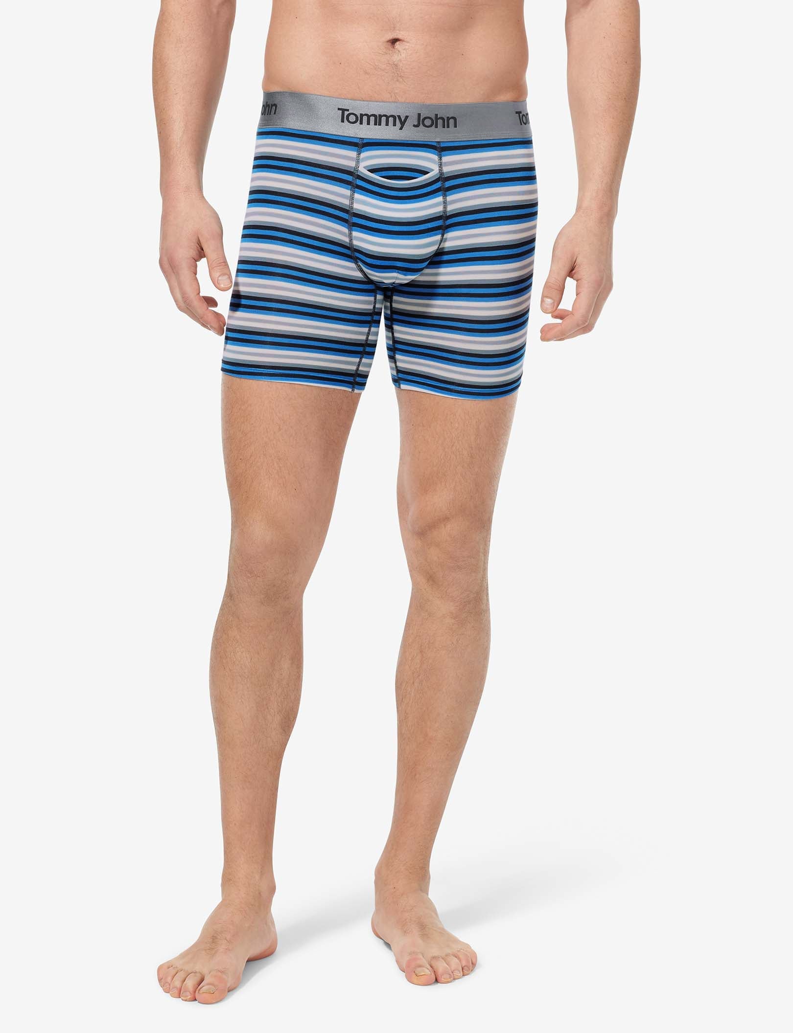 Second Skin Mid-Length Boxer Brief 6"::Azure Blue Globe Stripe