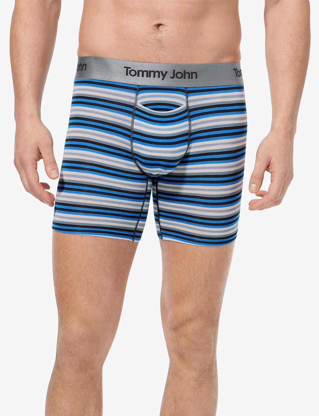 Second Skin Mid-Length Boxer Brief 6"::Azure Blue Globe Stripe
