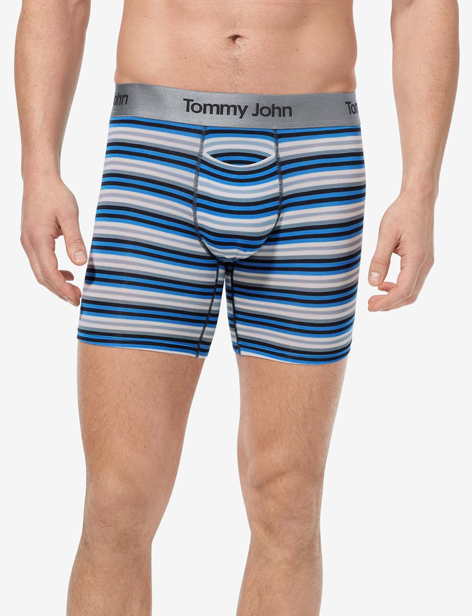 Second Skin Mid-Length Boxer Brief 6"::Azure Blue Globe Stripe