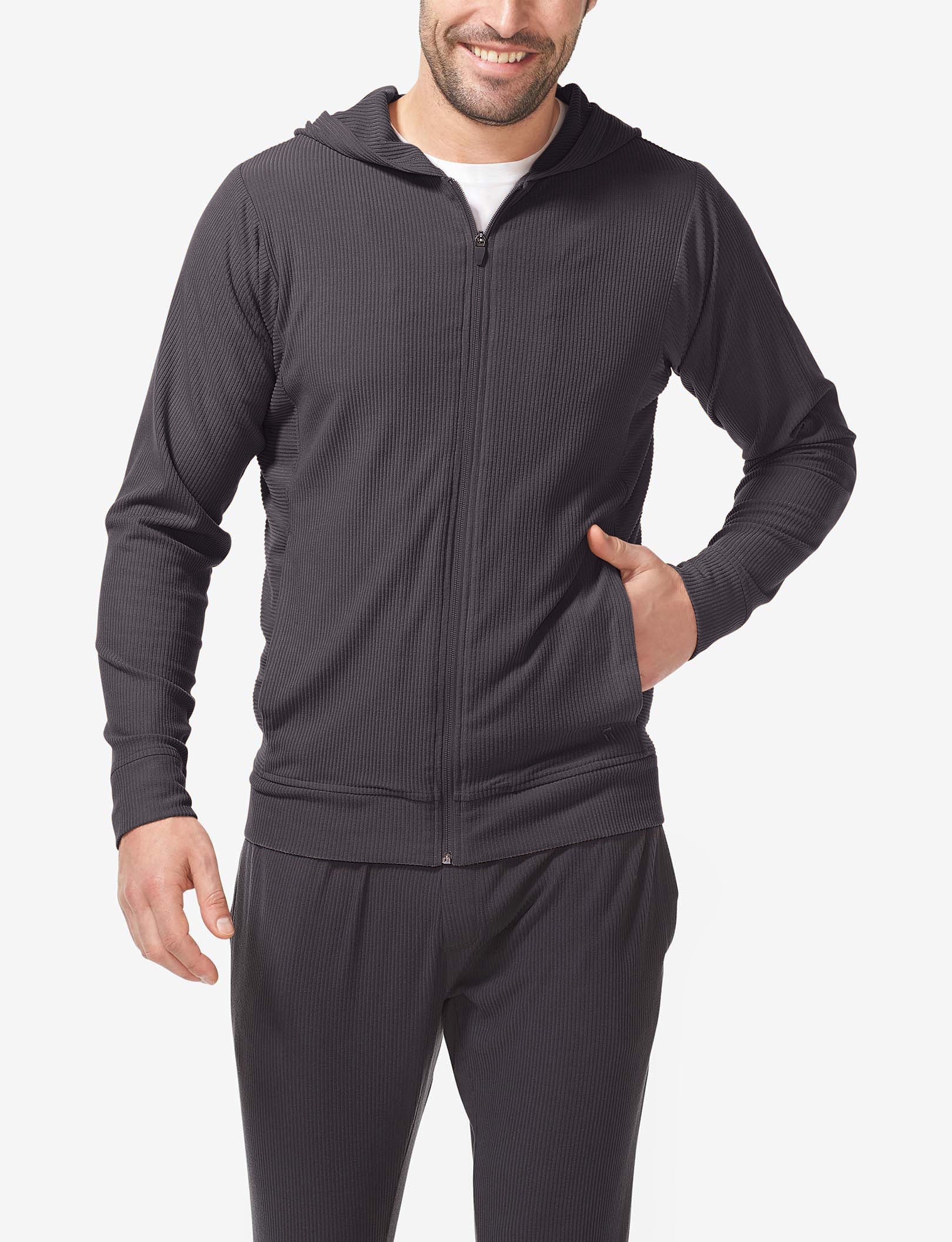 Zen Ribbed Full Zip Hoodie::Phantom