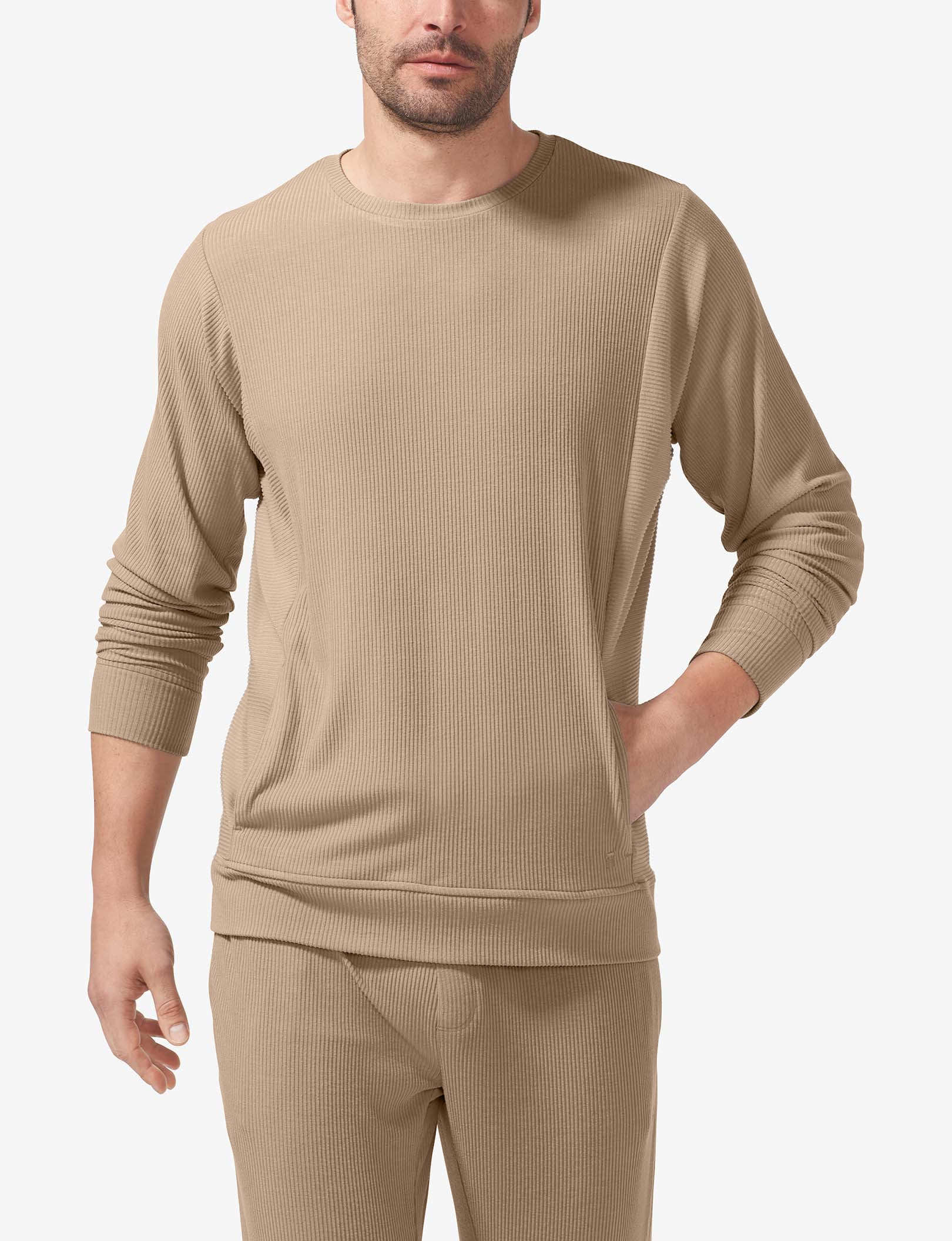 Zen Ribbed Crew Neck Sweatshirt::Driftwood