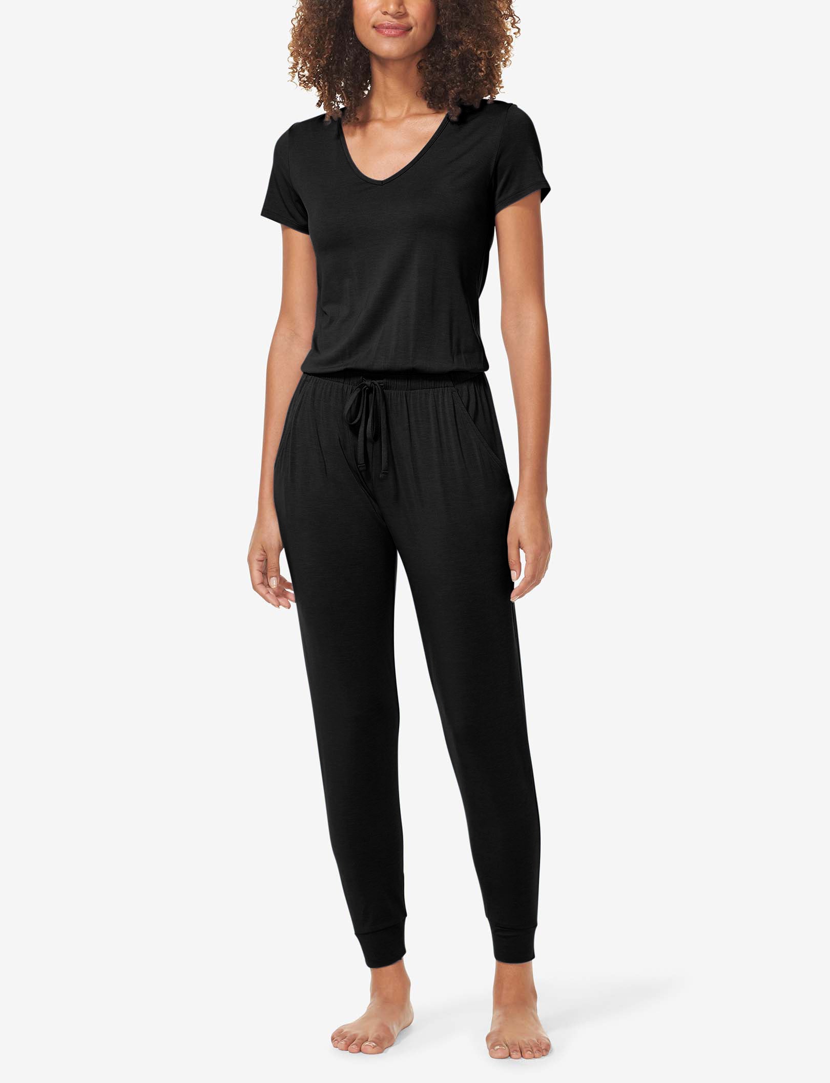 Women's Short Sleeve Lounge Jumpsuit::Black