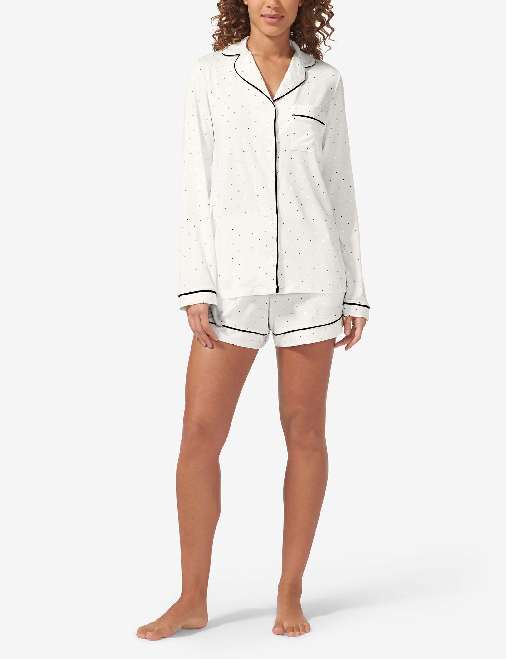 Women's Long Sleeve Top & Short Pajama Set::Snow White Mini Polka Dot