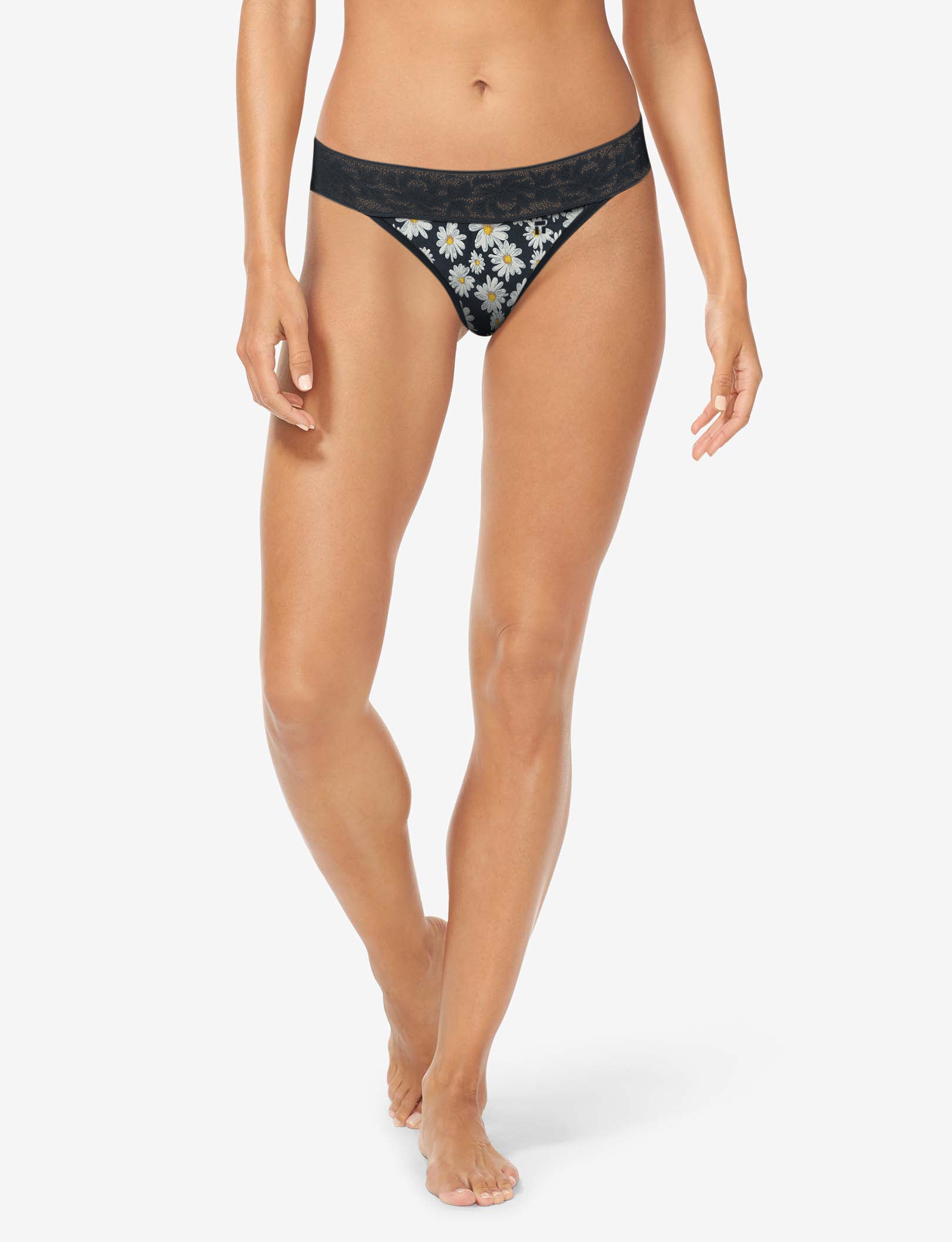 Women's Second Skin Thong, Lace Waist::Black English Daisy Lace Waist