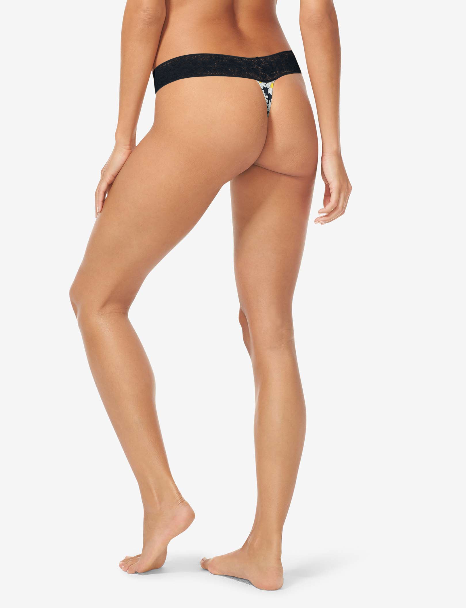 Women's Second Skin Thong, Lace Waist::Black English Daisy Lace Waist