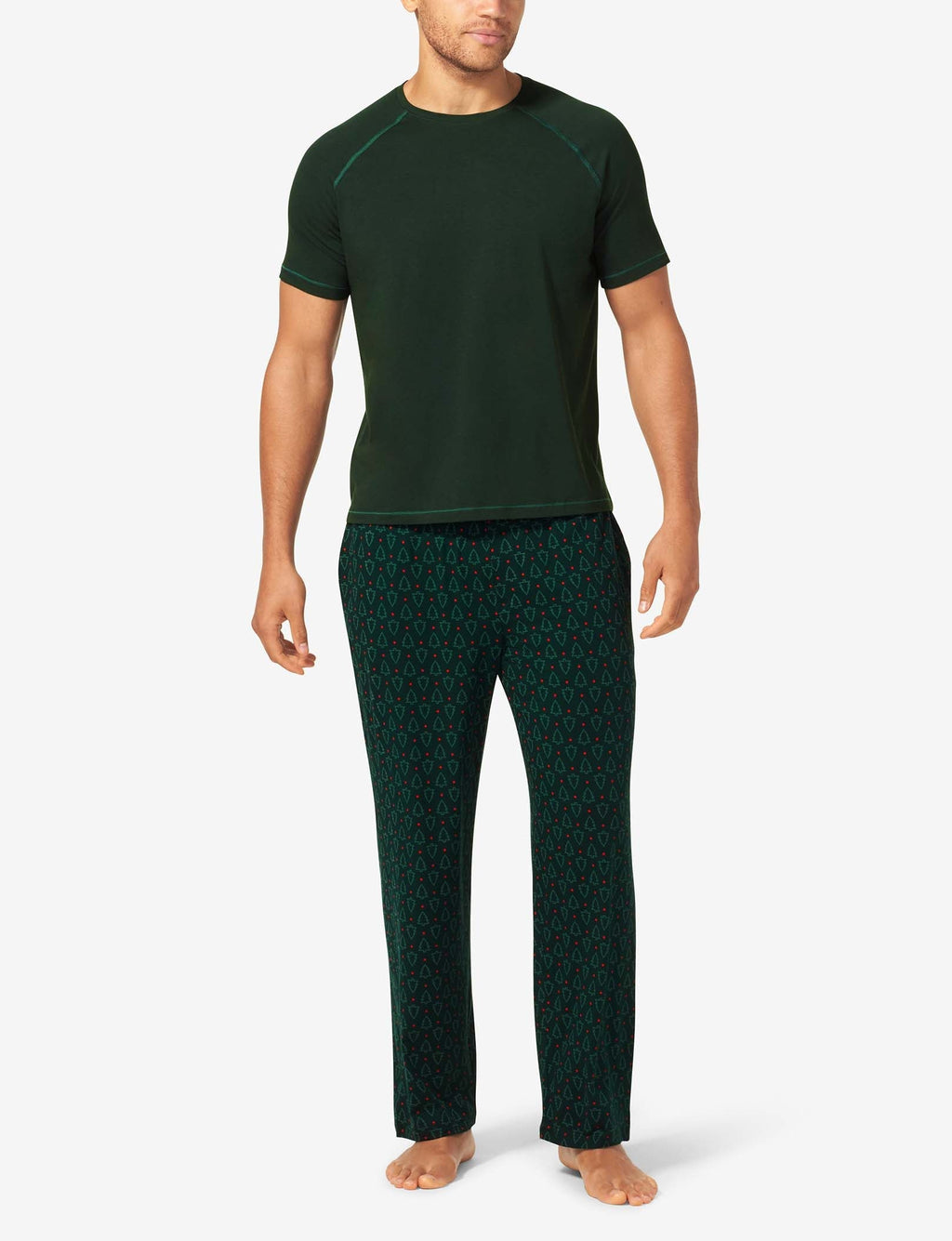 Essential Short Sleeve Tee and Pant Pajama Set::Scarab Green Balsam Tree