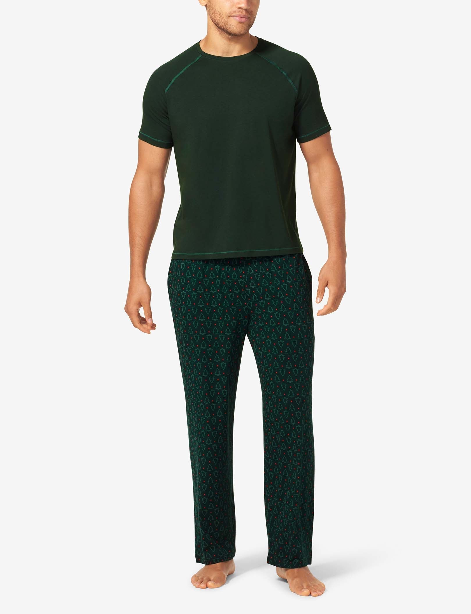 Essential Short Sleeve Tee and Pant Pajama Set::Scarab Green Balsam Tree