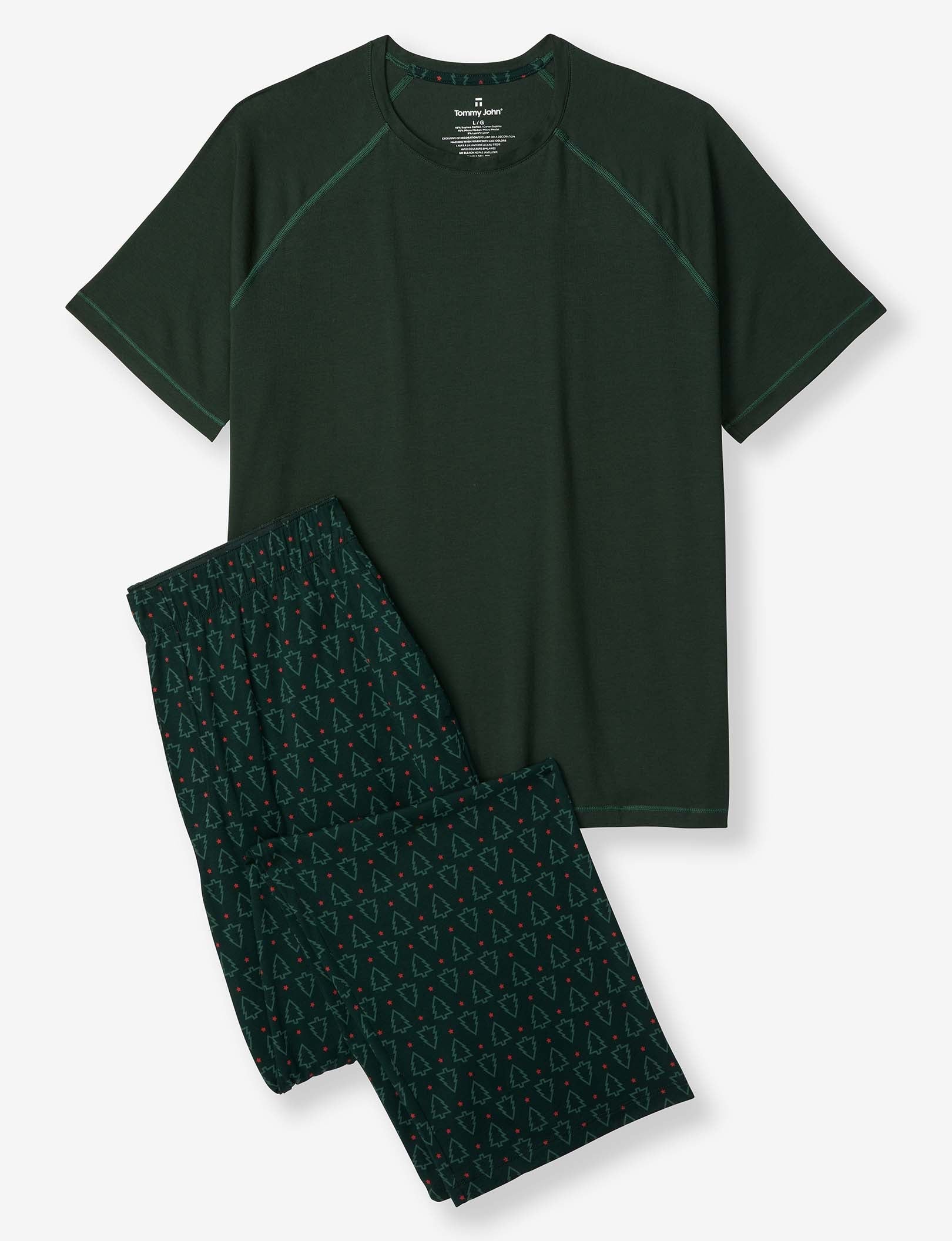 Essential Short Sleeve Tee and Pant Pajama Set::Scarab Green Balsam Tree