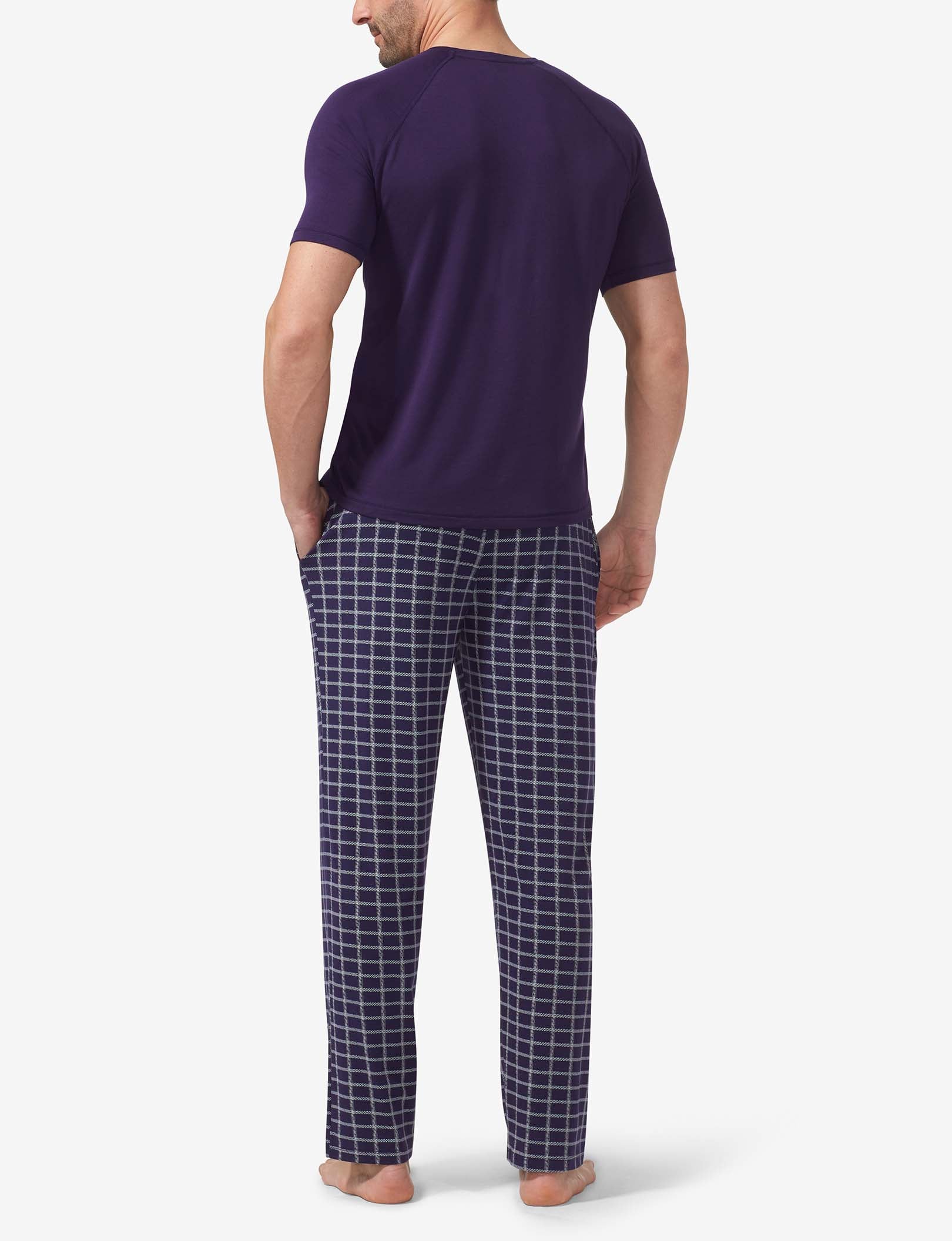 Essential Short Sleeve Tee and Pant Pajama Set::Evening Blue/Stitched Plaid