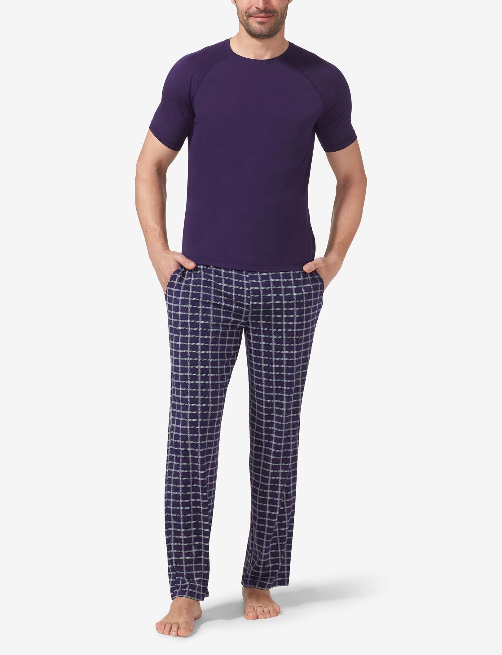 Essential Short Sleeve Tee and Pant Pajama Set::Evening Blue/Stitched Plaid