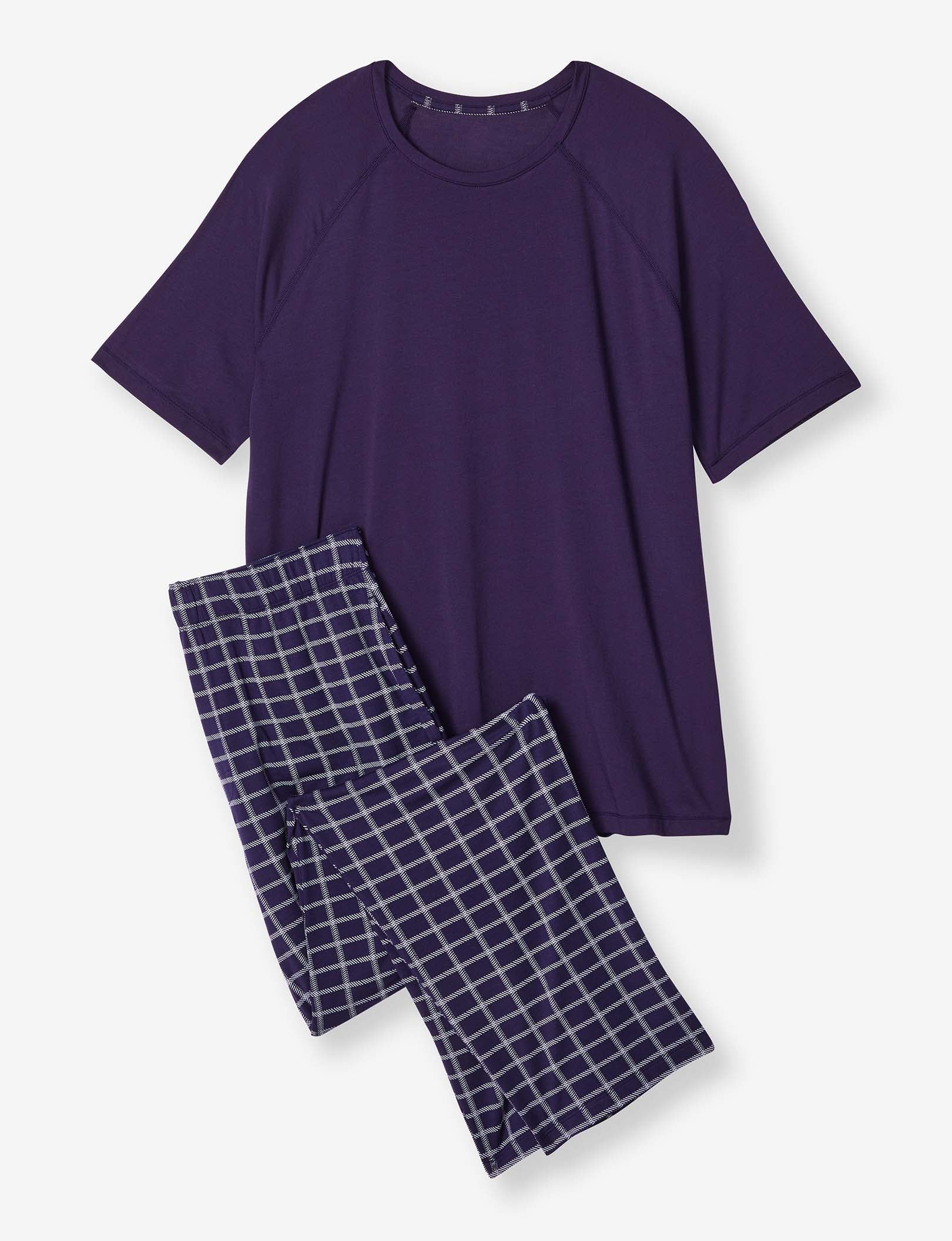 Essential Short Sleeve Tee and Pant Pajama Set::Evening Blue/Stitched Plaid