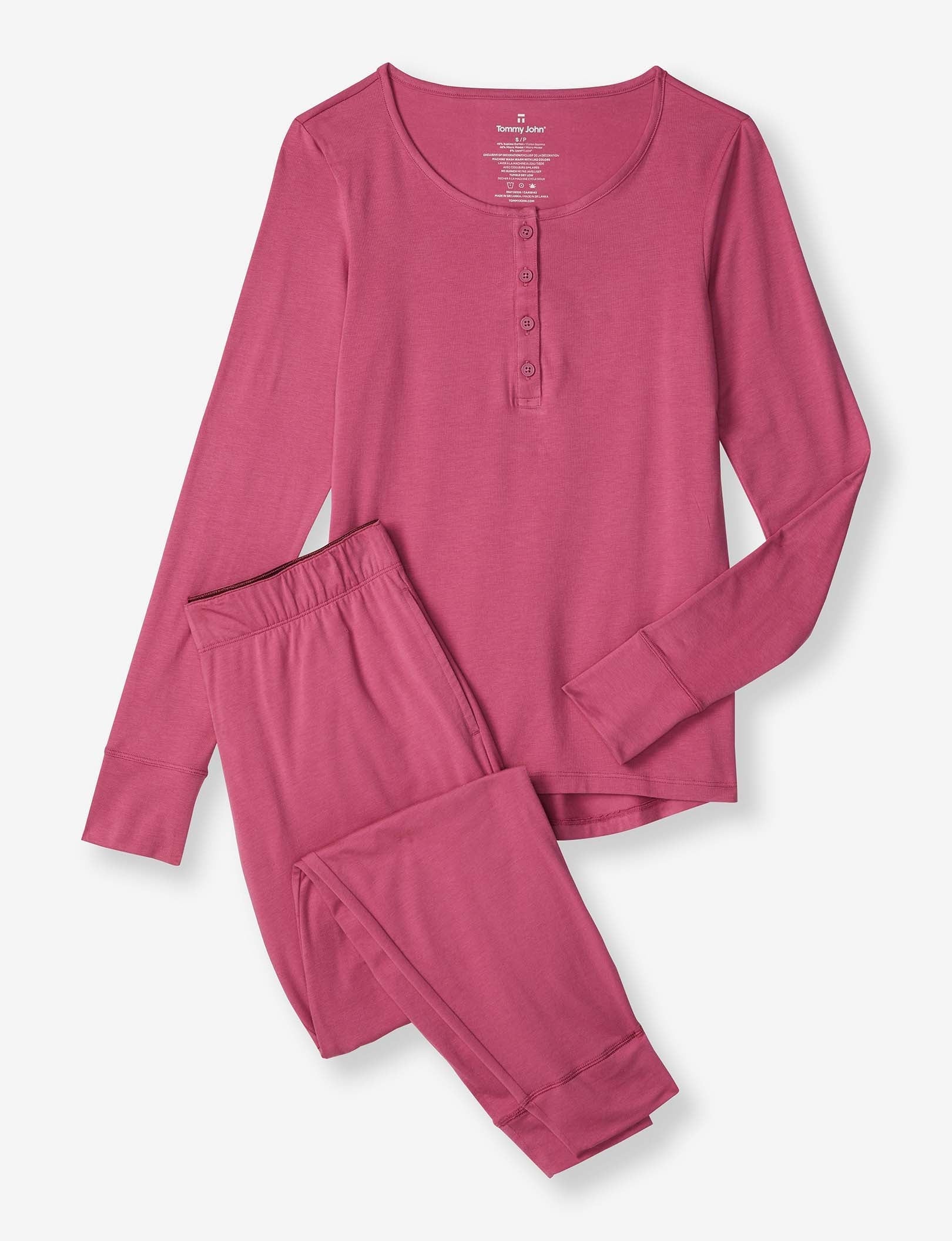 Women's Long Sleeve Top and Pant Essential Pajama Set::Red Violet