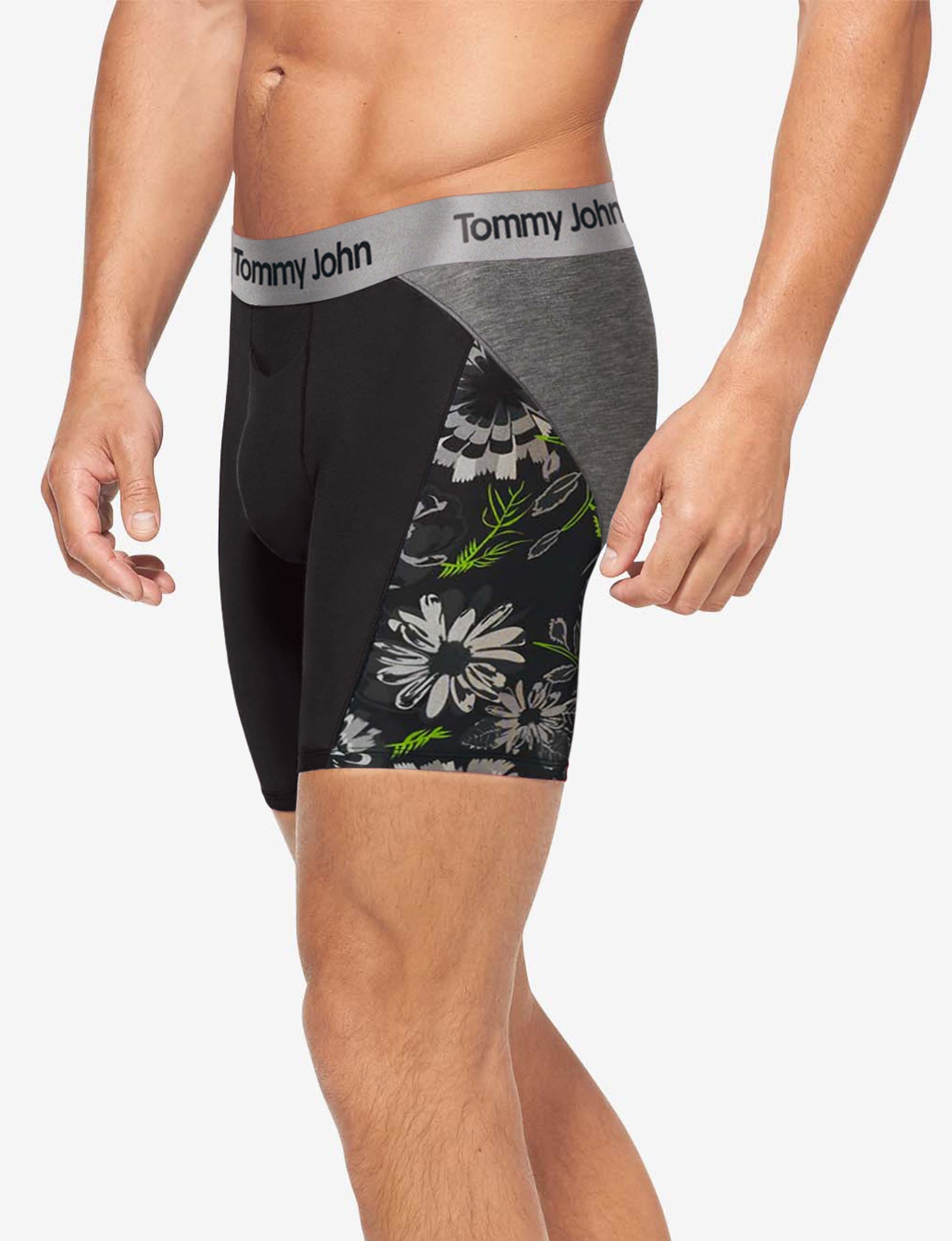 Second Skin Mid-Length Boxer Brief 6"::Black Botanical Colorblock