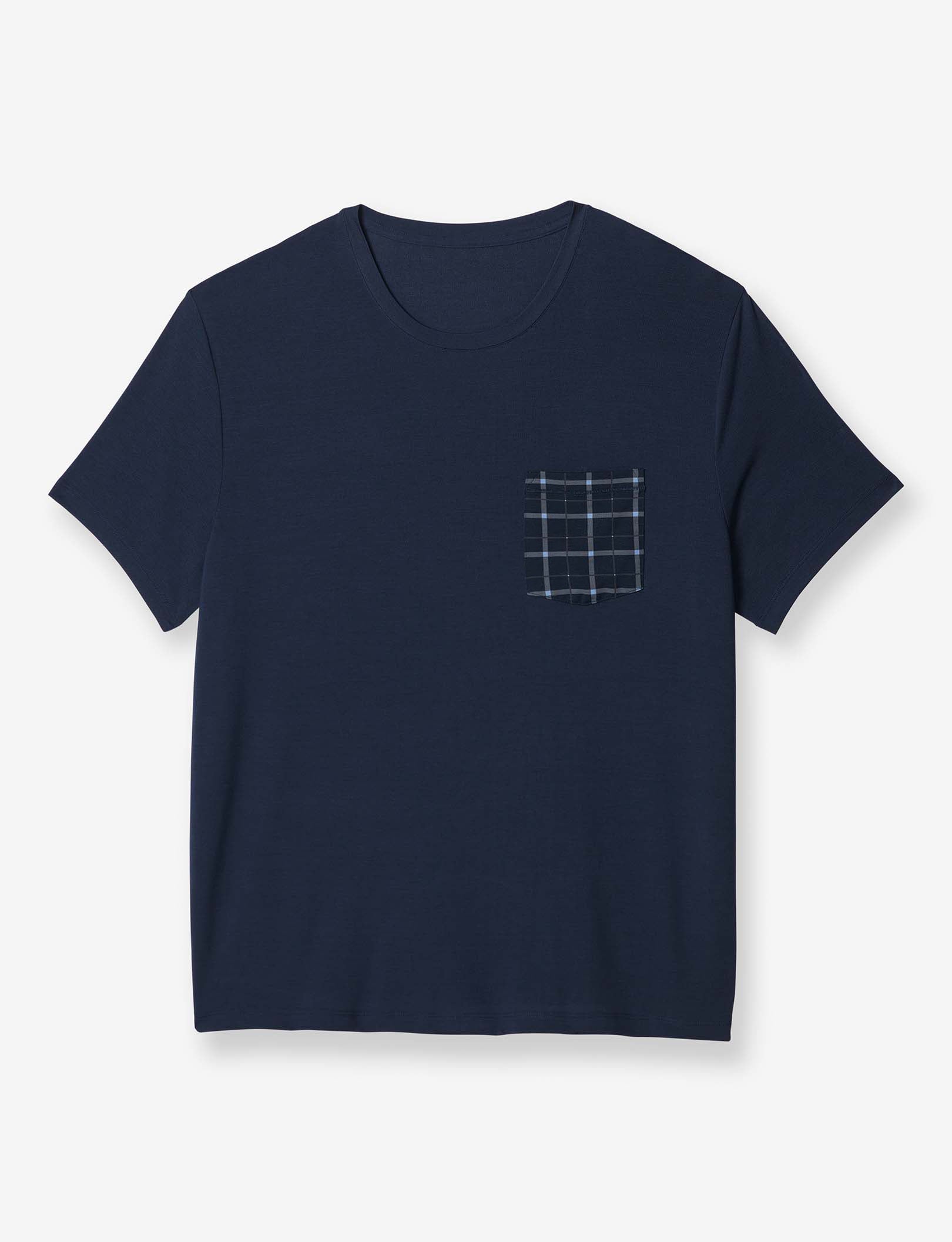 Second Skin Sleep Crew Neck Pocket Tee::Dress Blues/Electric Plaid Pocket