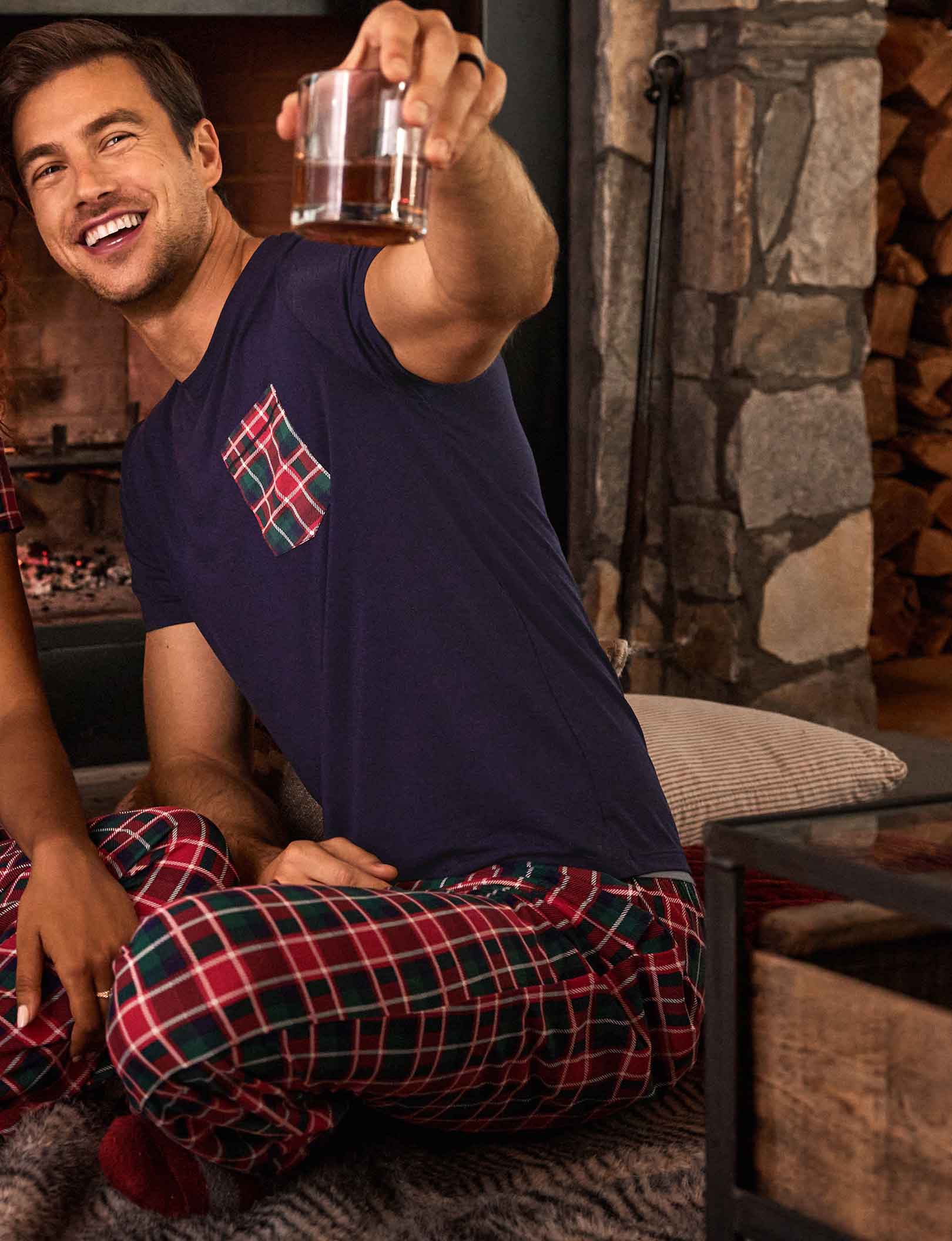 Second Skin Sleep Crew Neck Pocket Tee::Evening Blue/Fireplace Plaid Pocket