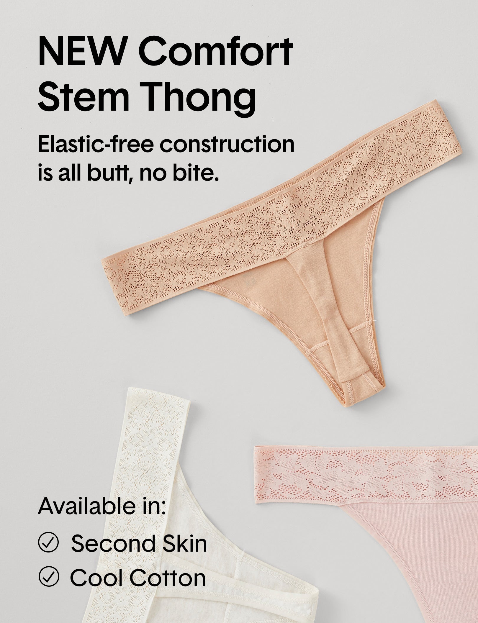 Women's Cool Cotton Thong, Lace Waist::Heather Grey Lace Waist