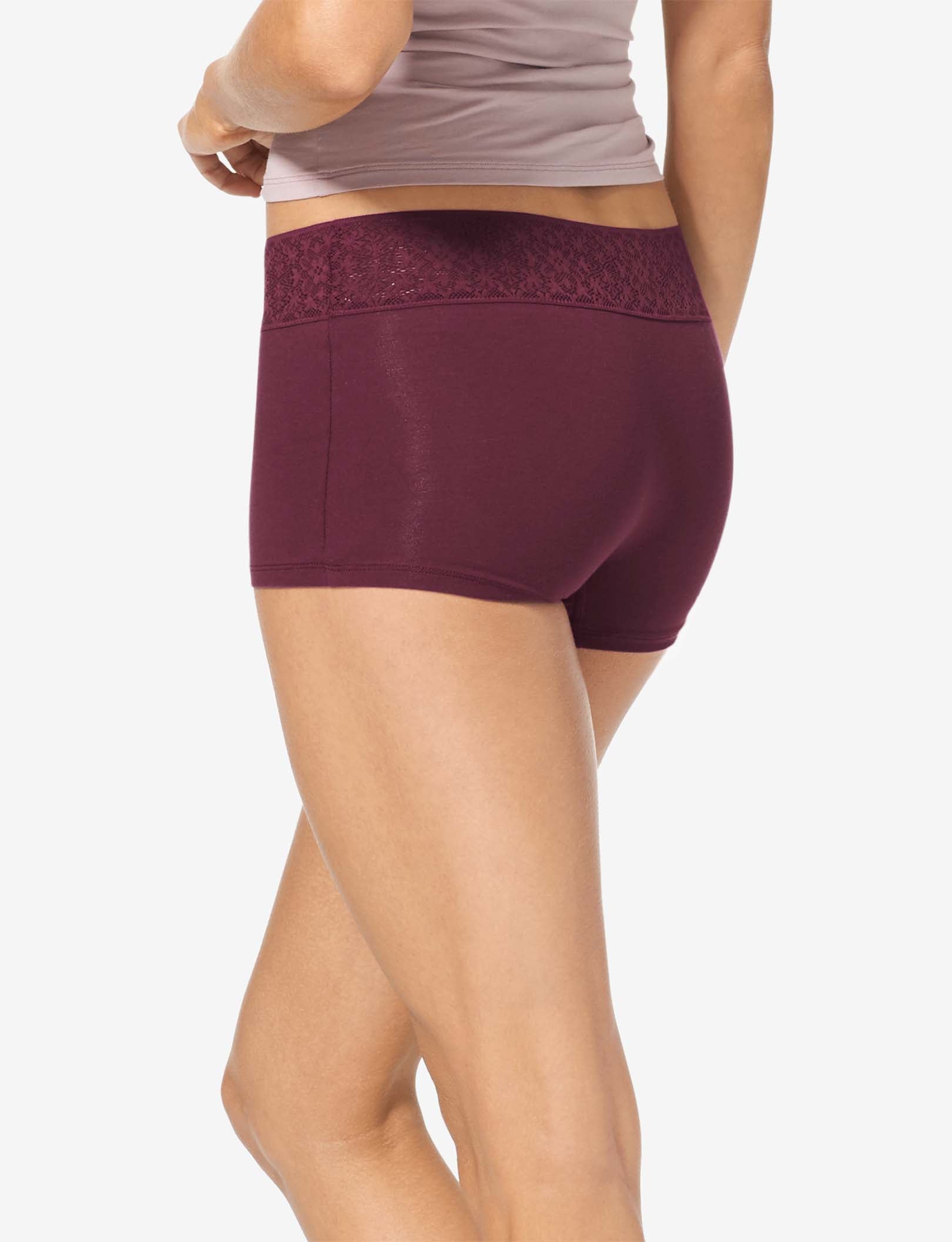 Women's Cool Cotton Boyshort, Lace Waist::Winetasting Lace Waist
