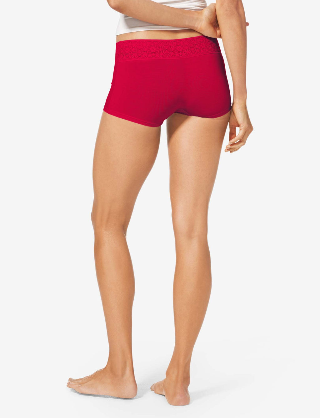 Women's Cool Cotton Boyshort, Lace Waist::Haute Red Lace Waist
