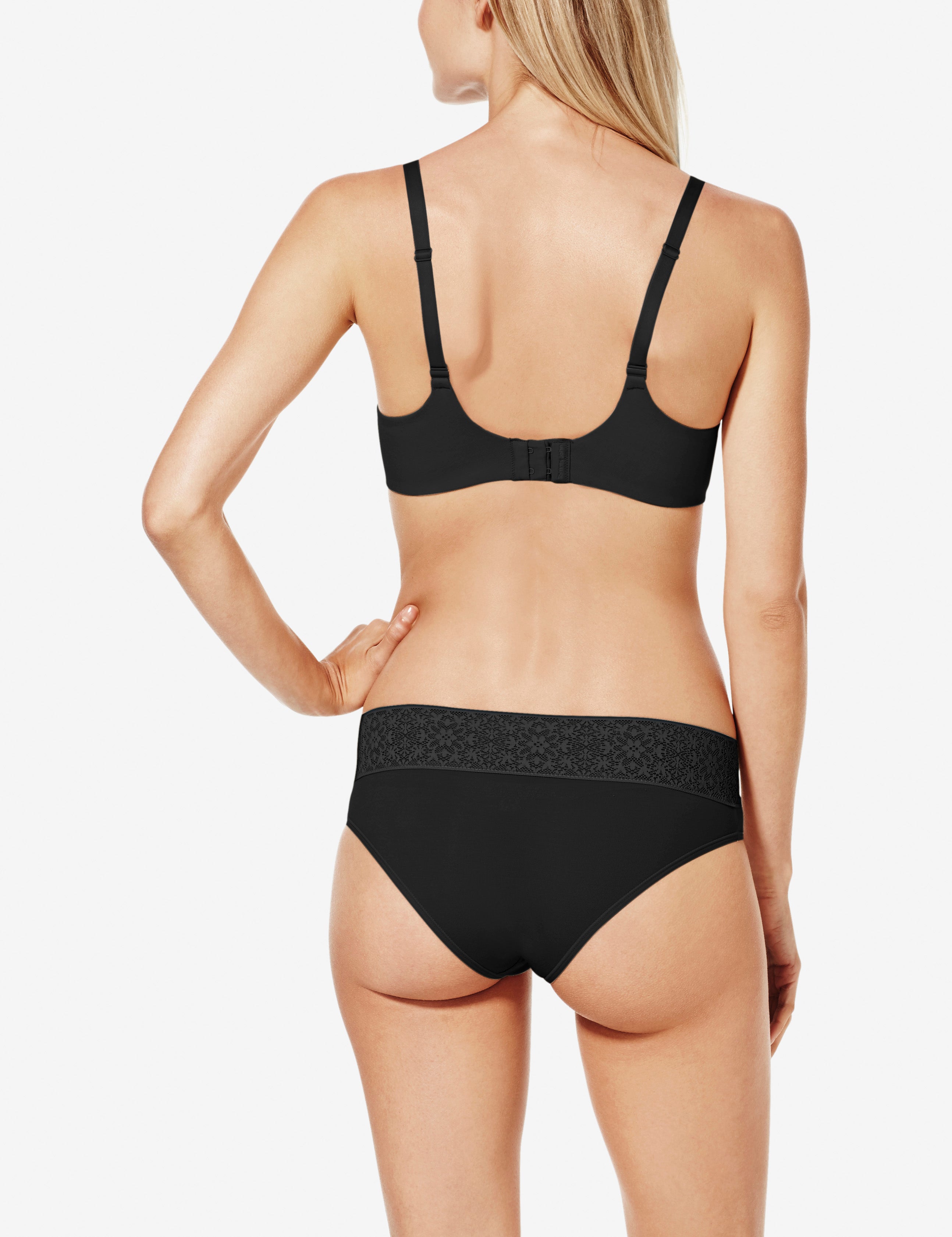 Cool Cotton Lightly Lined Wireless Bra::Black::BR::Model is wearing a 34B