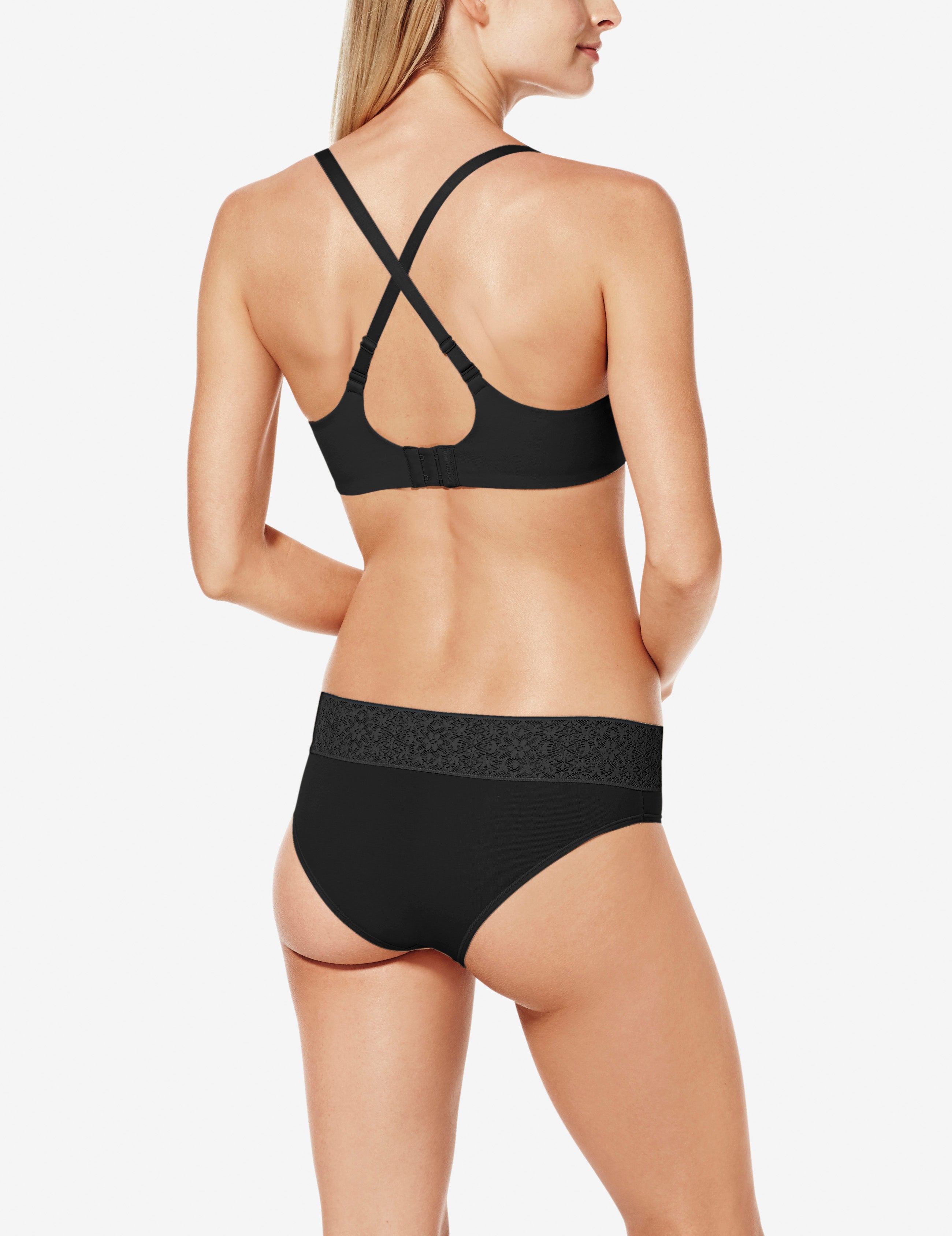 Cool Cotton Lightly Lined Wireless Bra::Black::BR::Model is wearing a 34B