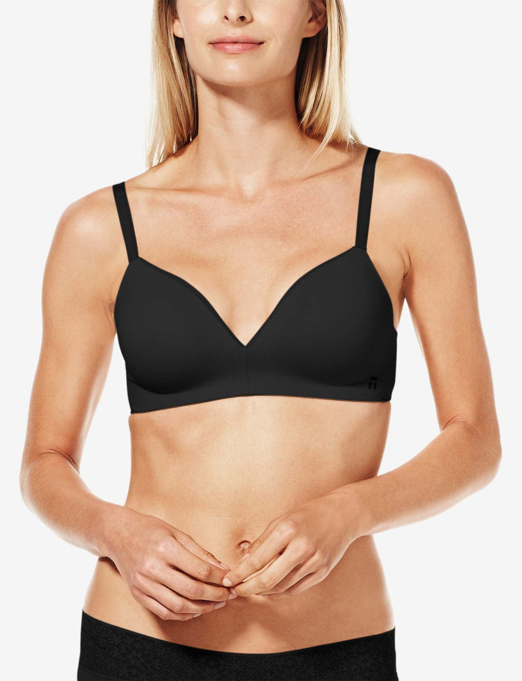 Cool Cotton Lightly Lined Wireless Bra::Black::BR::Model is wearing a 34B