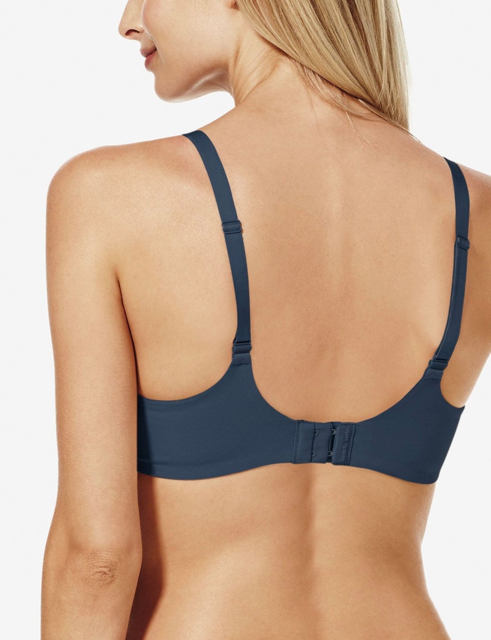 Cool Cotton Lightly Lined Wireless Bra::Navy::BR::Model is wearing a 34B