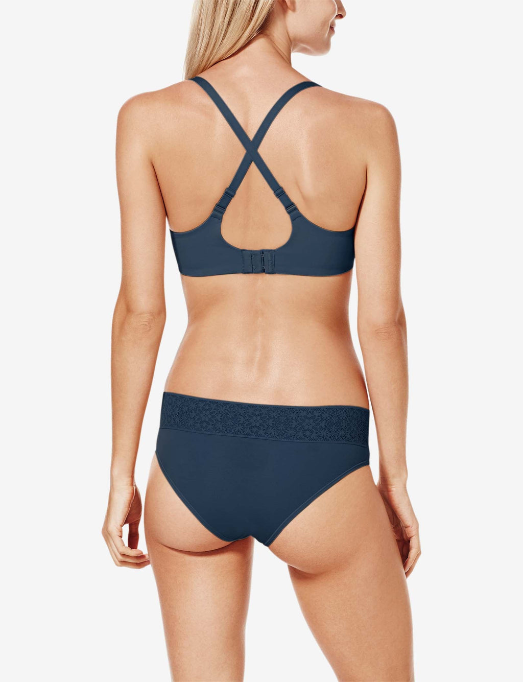 Cool Cotton Lightly Lined Wireless Bra::Navy::BR::Model is wearing a 34B