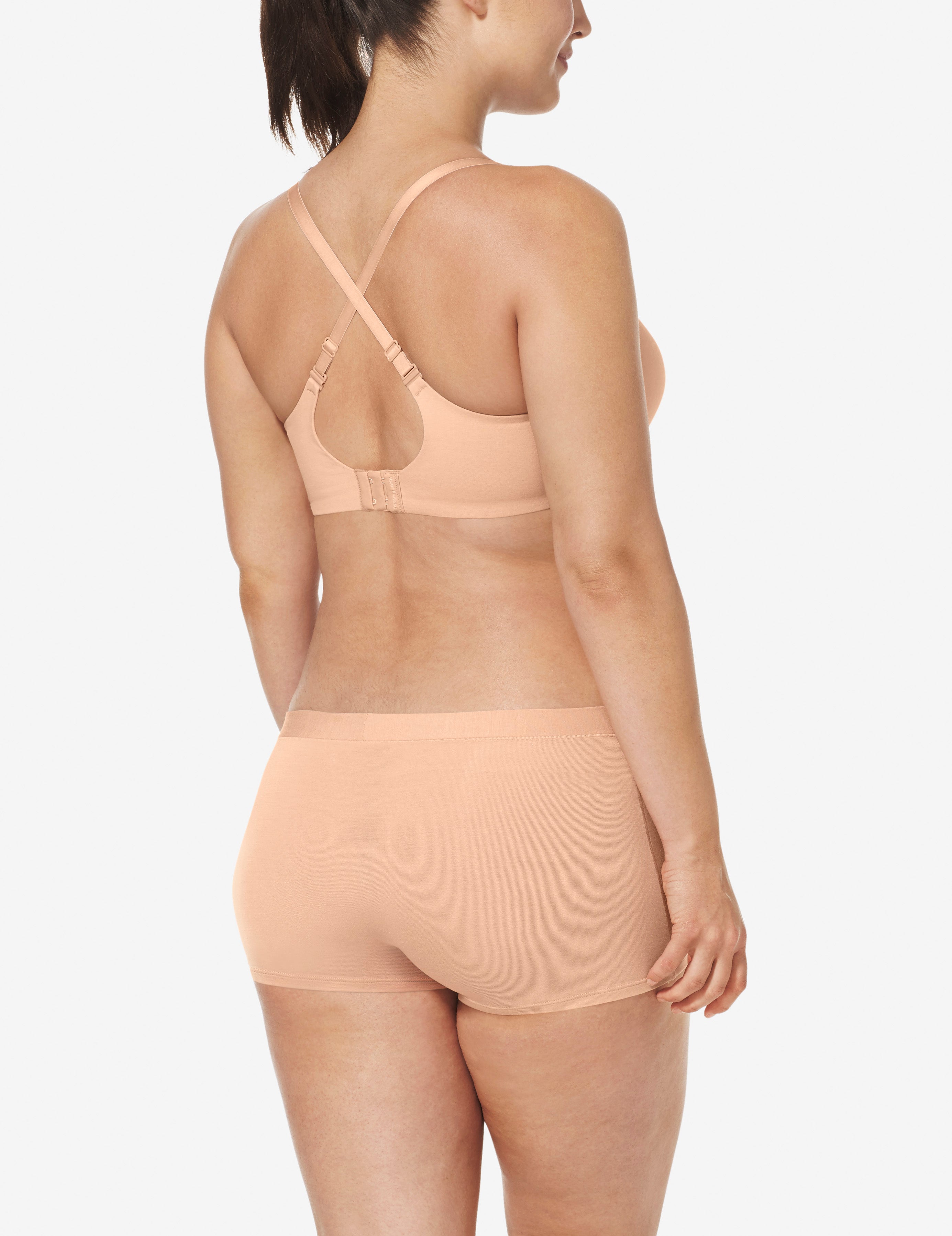Cool Cotton Lightly Lined Wireless Bra::Maple Sugar::BR::Model is wearing a 36D
