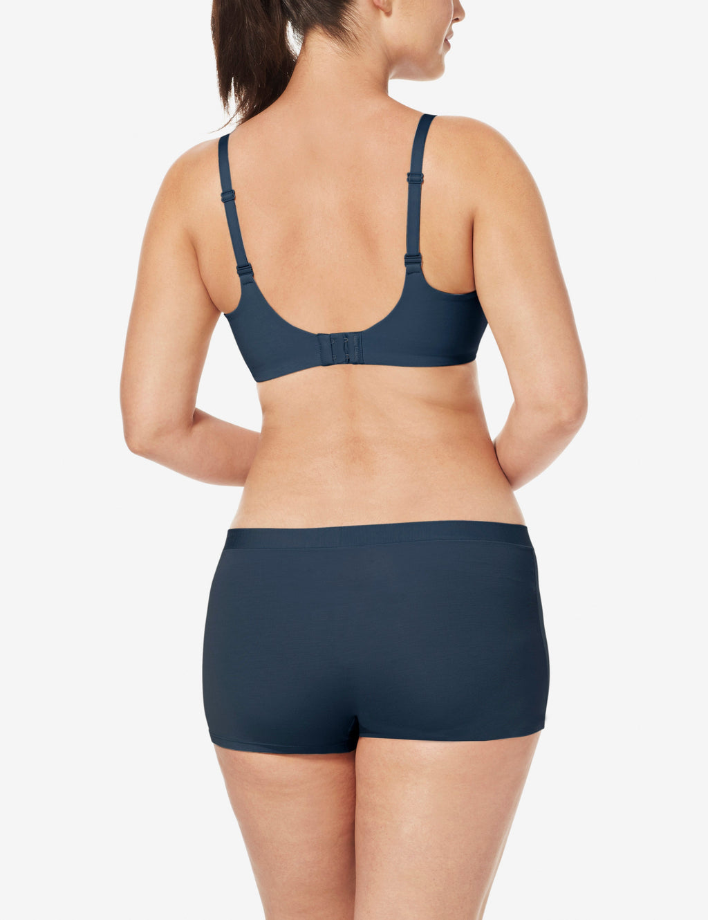 Cool Cotton Lightly Lined Wireless Bra::Navy::BR::Model is wearing a 36D