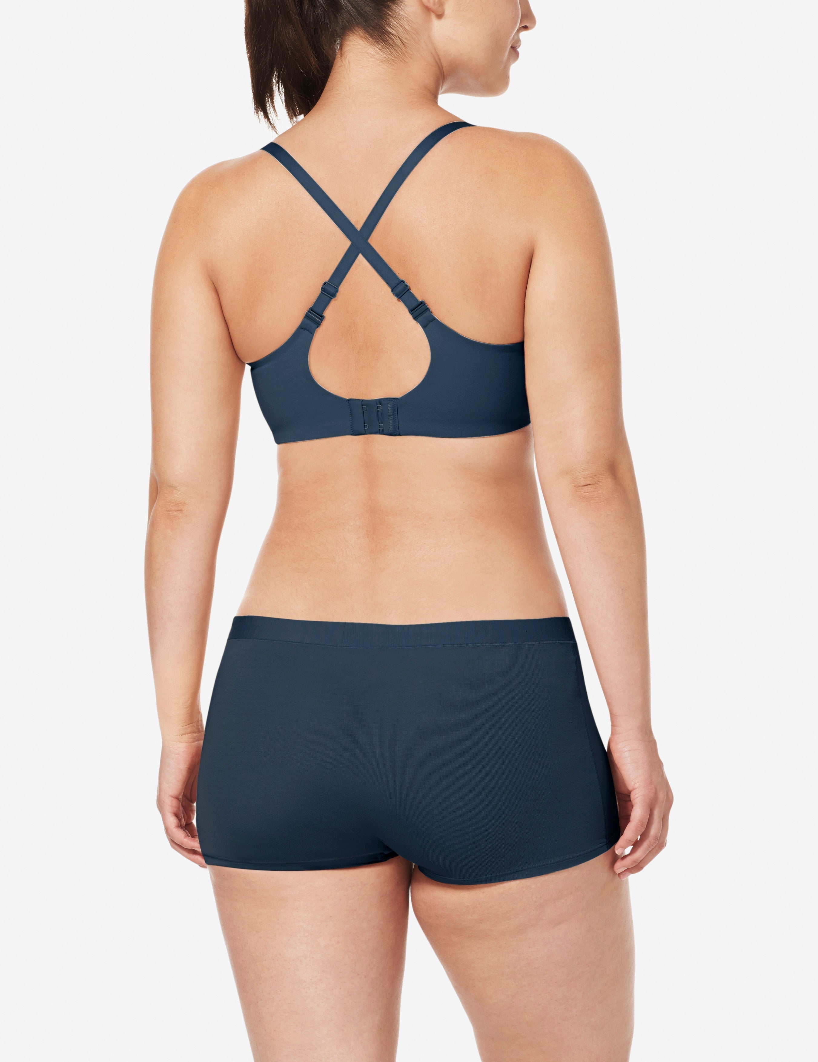 Cool Cotton Lightly Lined Wireless Bra::Navy::BR::Model is wearing a 36D