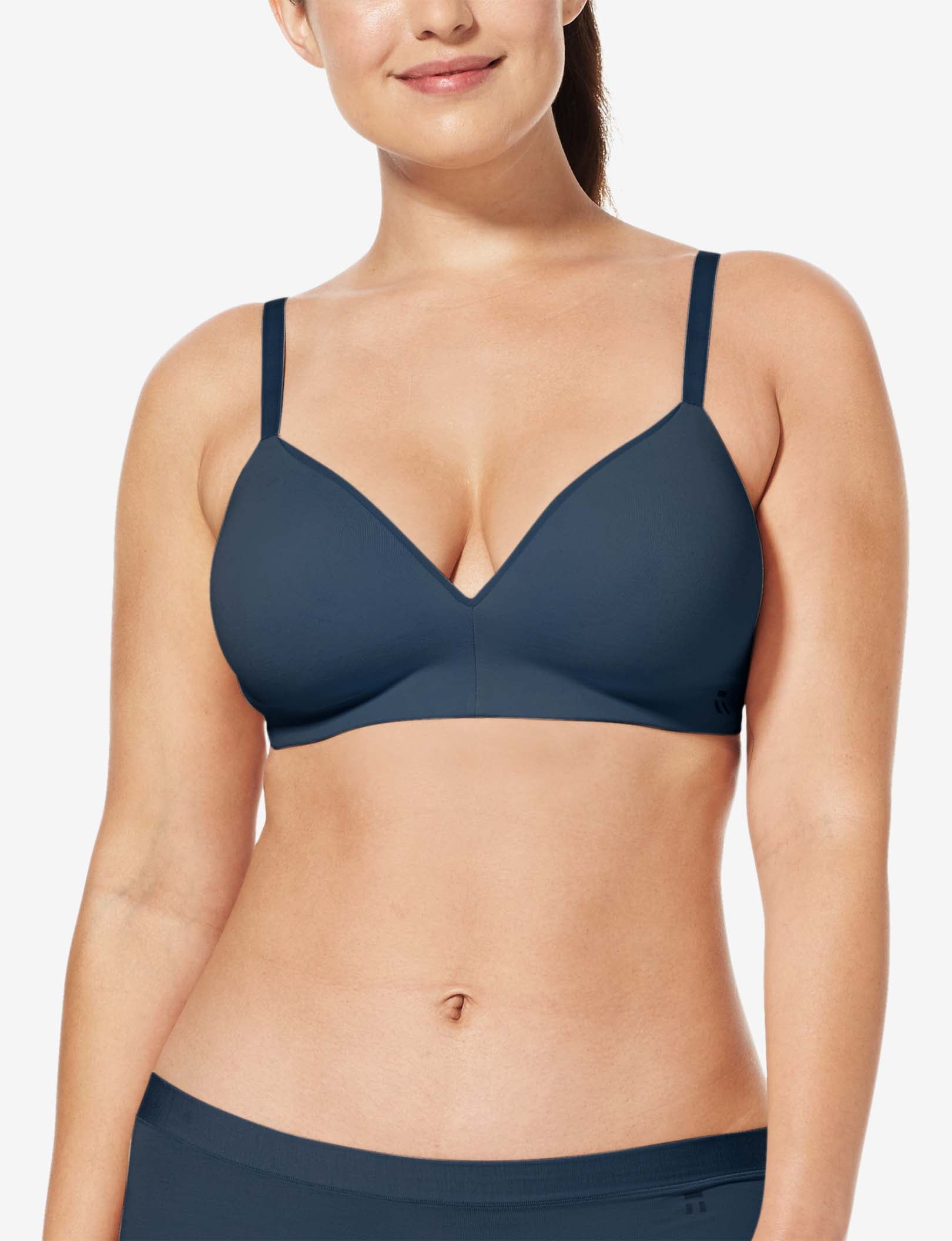 Cool Cotton Lightly Lined Wireless Bra::Navy::BR::Model is wearing a 36D