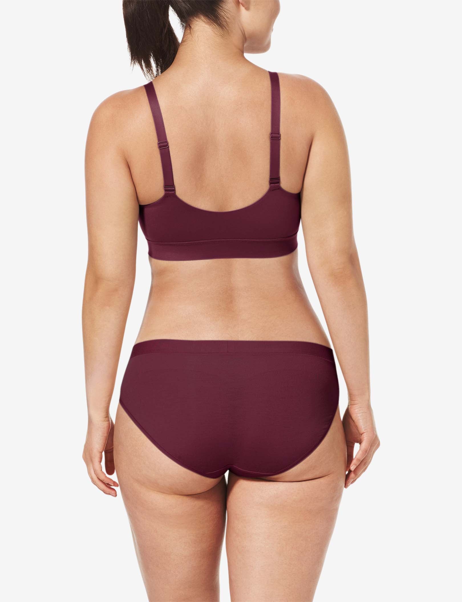 Second Skin Triangle Bralette::Winetasting::BR::Model is wearing a Medium (D-DD)