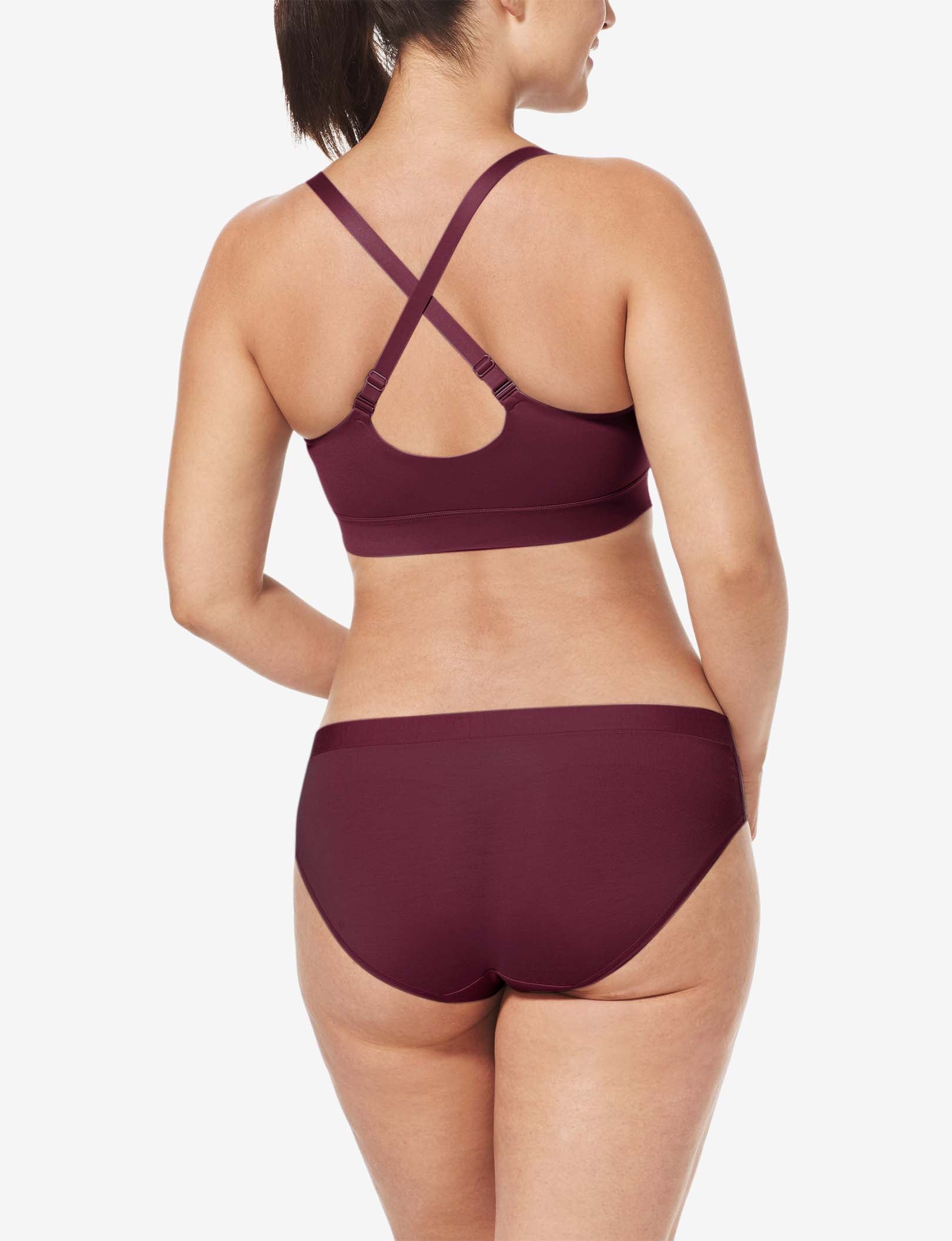 Second Skin Triangle Bralette::Winetasting::BR::Model is wearing a Medium (D-DD)