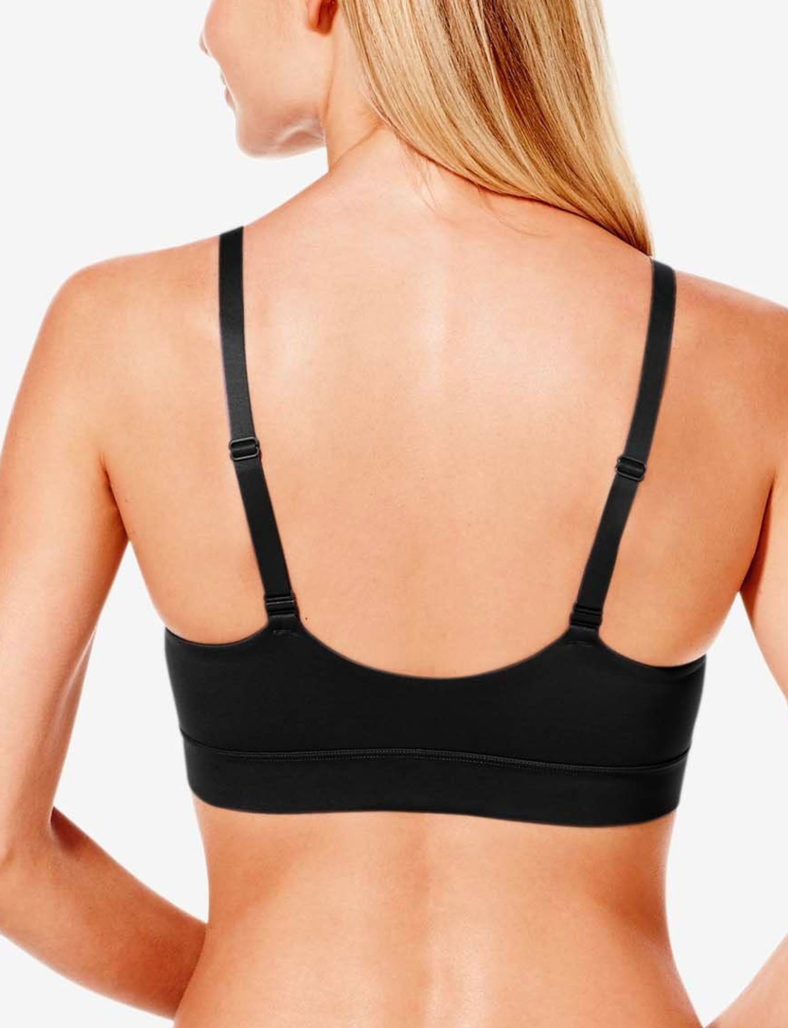 Second Skin Triangle Bralette::Black::BR::Model is wearing a Small (A-C)