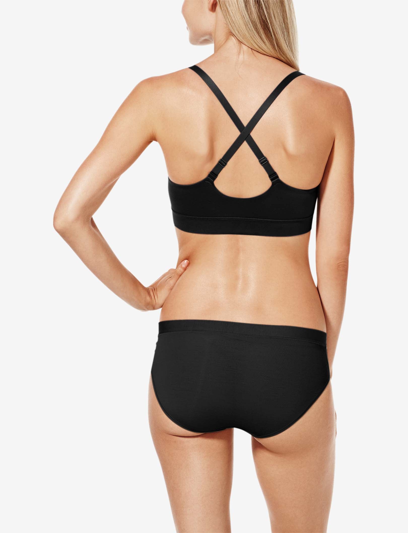 Second Skin Triangle Bralette::Black::BR::Model is wearing a Small (A-C)