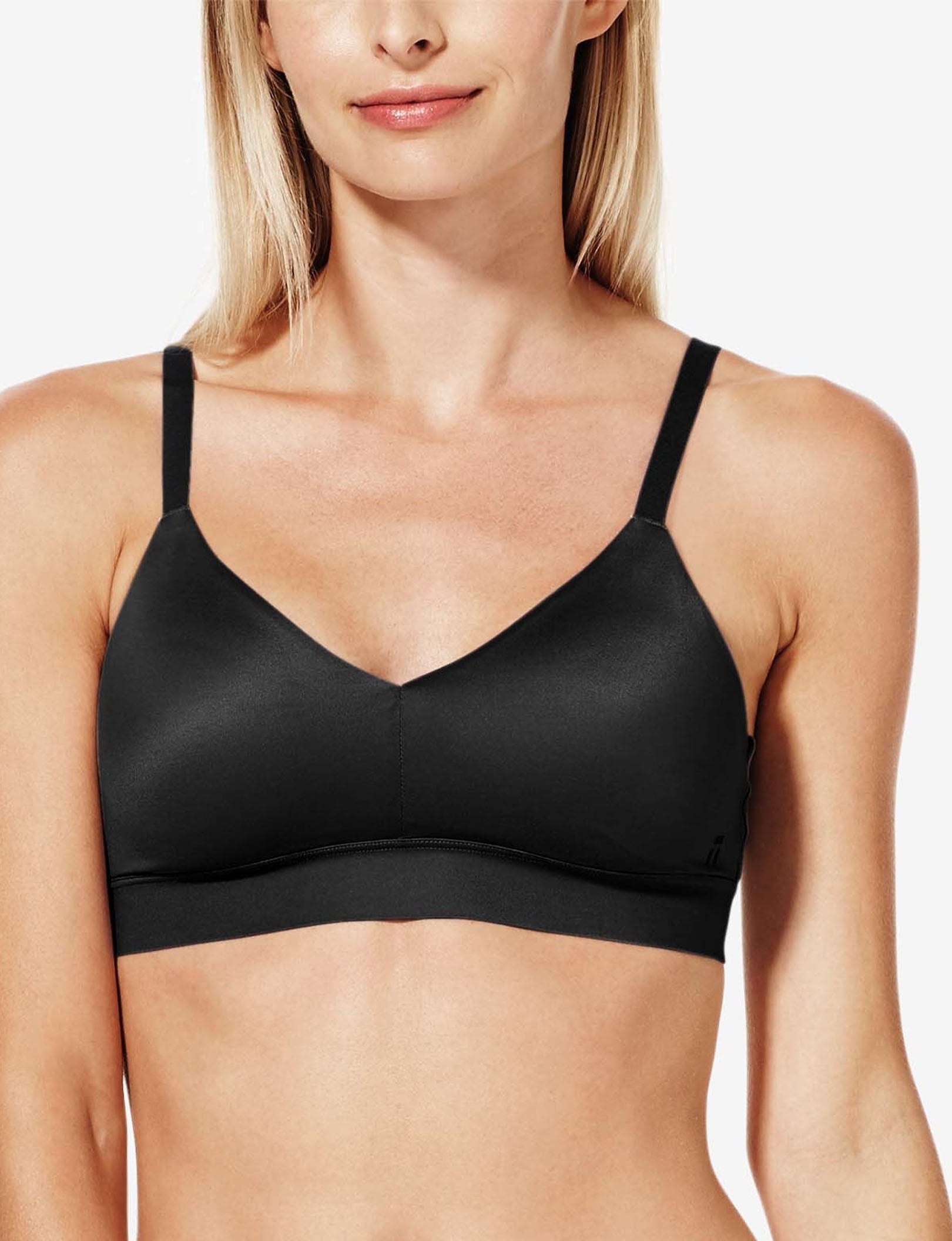 Second Skin Triangle Bralette::Black::BR::Model is wearing a Small (A-C)
