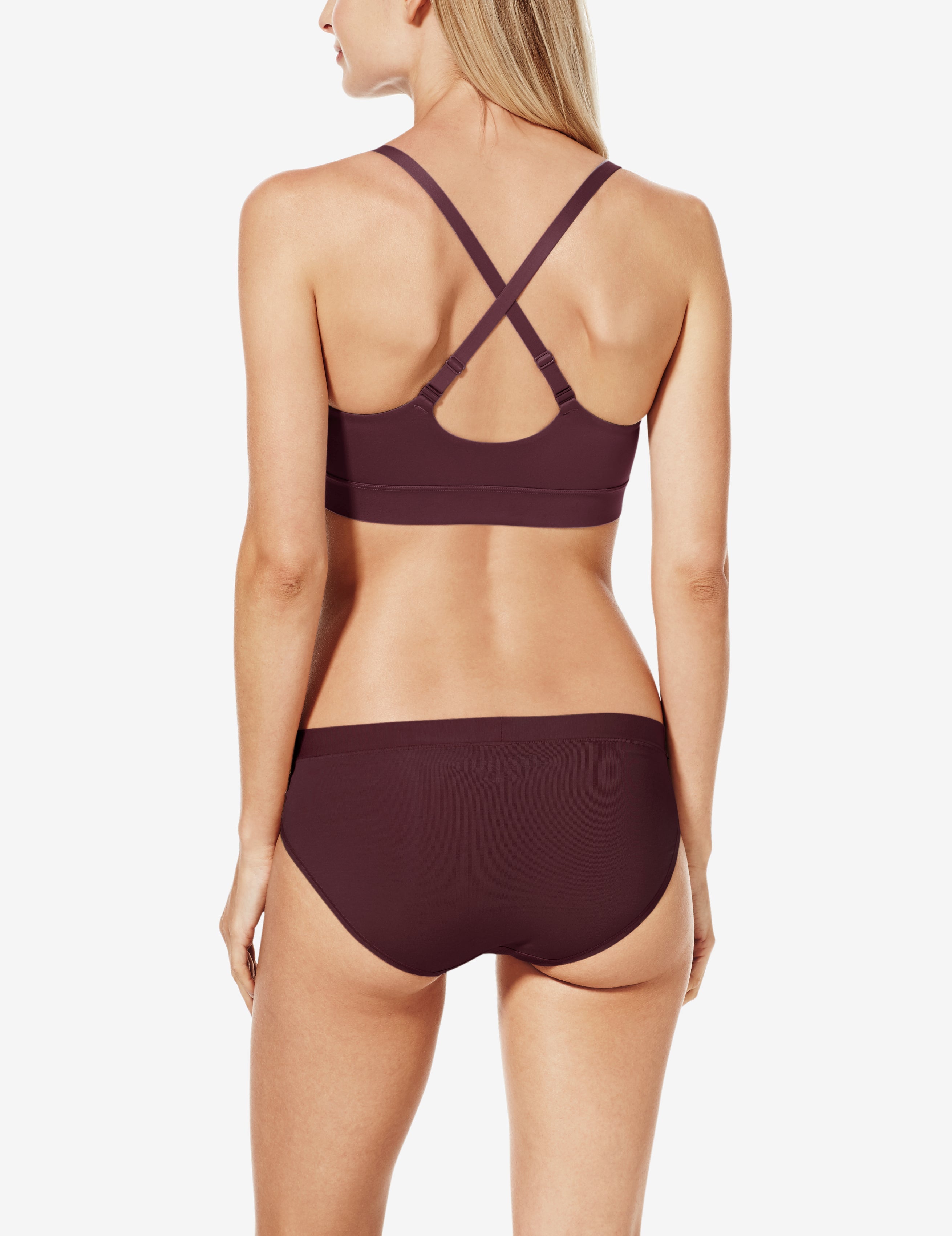 Second Skin Triangle Bralette::Winetasting::BR::Model is wearing a Small (A-C)