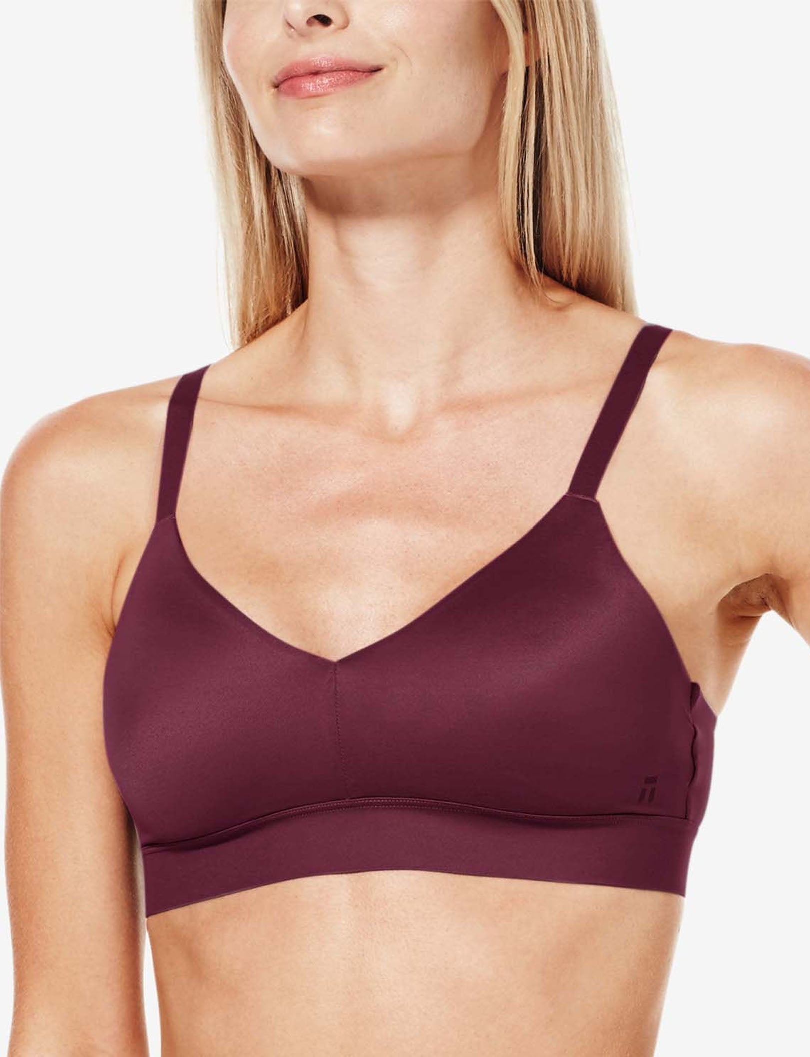 Second Skin Triangle Bralette::Winetasting::BR::Model is wearing a Small (A-C)
