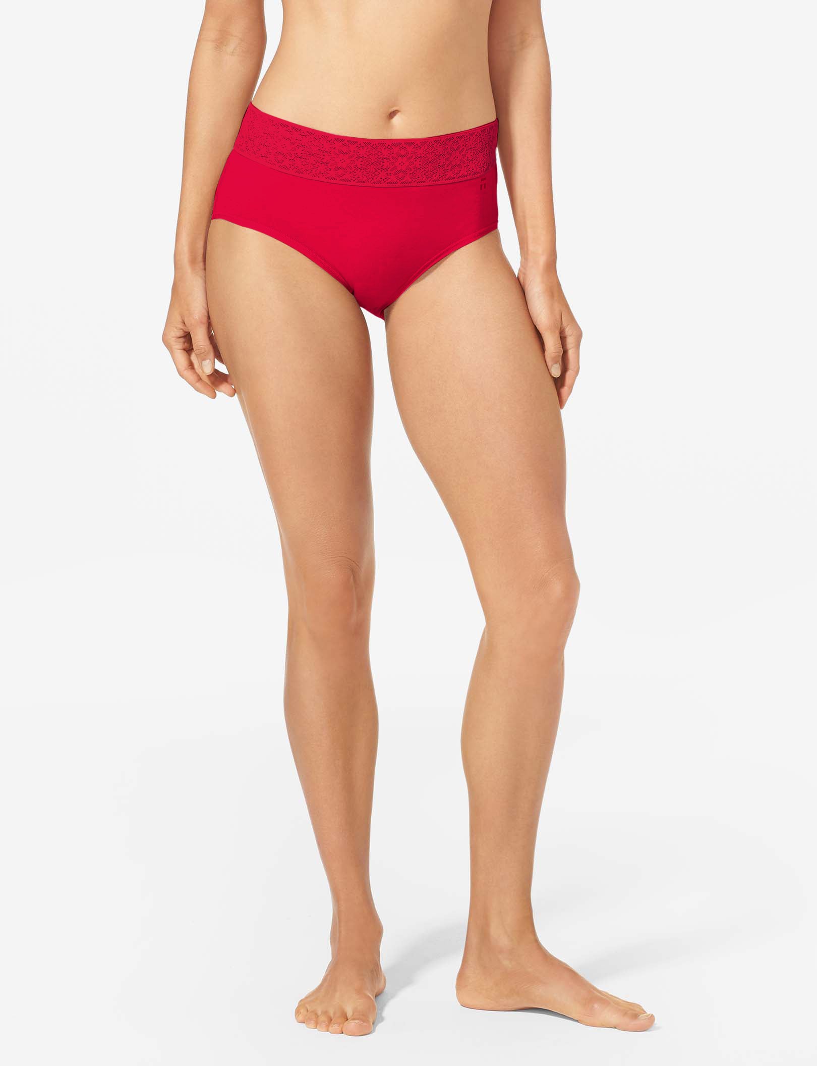 Women's Cool Cotton High Rise Brief, Lace Waist::Haute Red Lace Waist